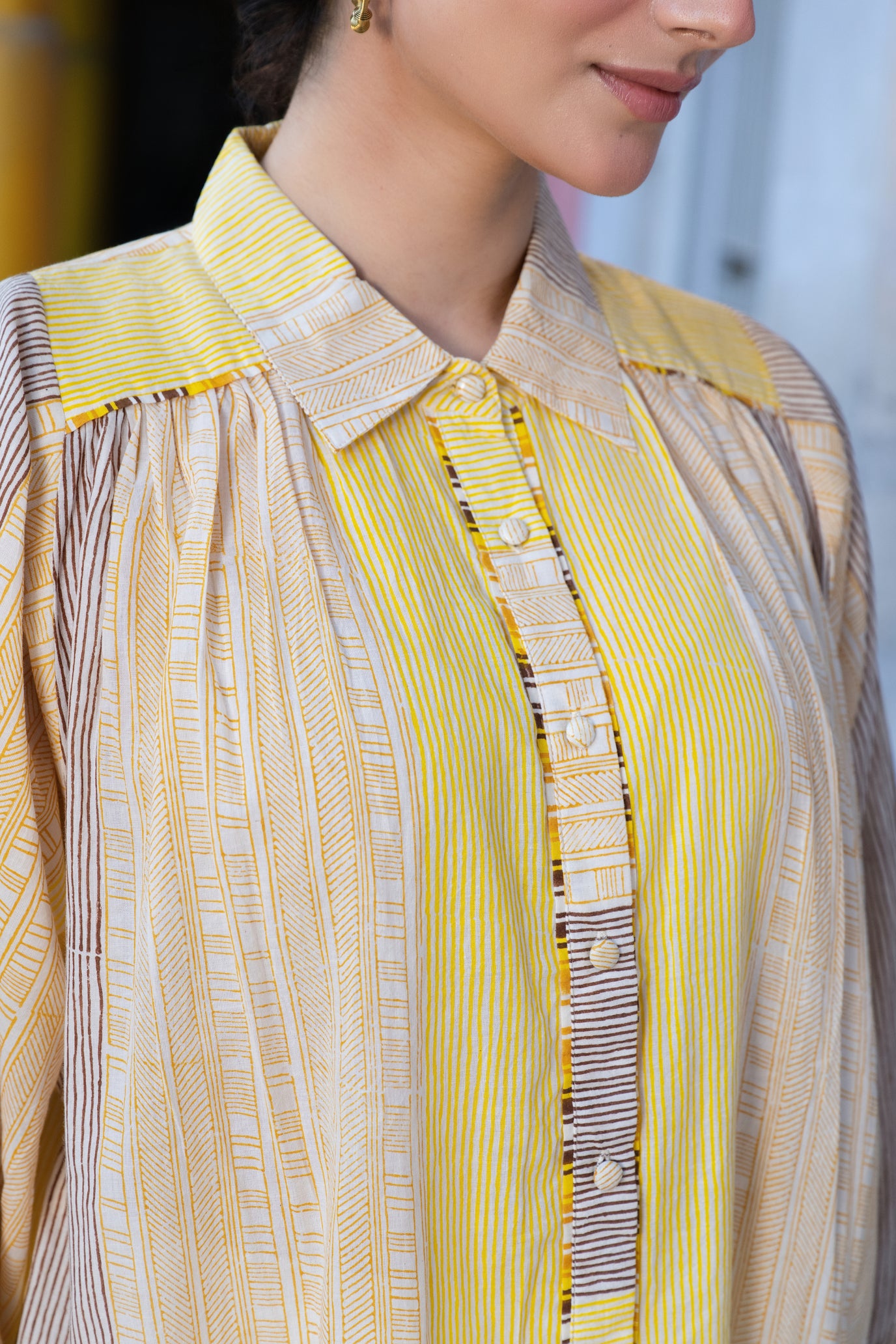 Cotton Block Print Striped Loose Fit Shirt with Full Sleeves – Kanak