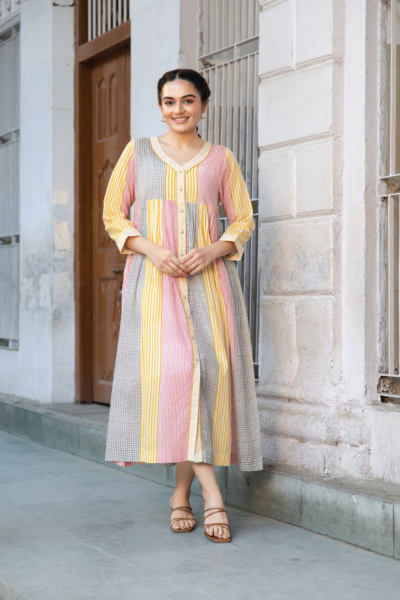 Cotton Block Printed Dress with V-Neck and Soft Pleats – Kanak