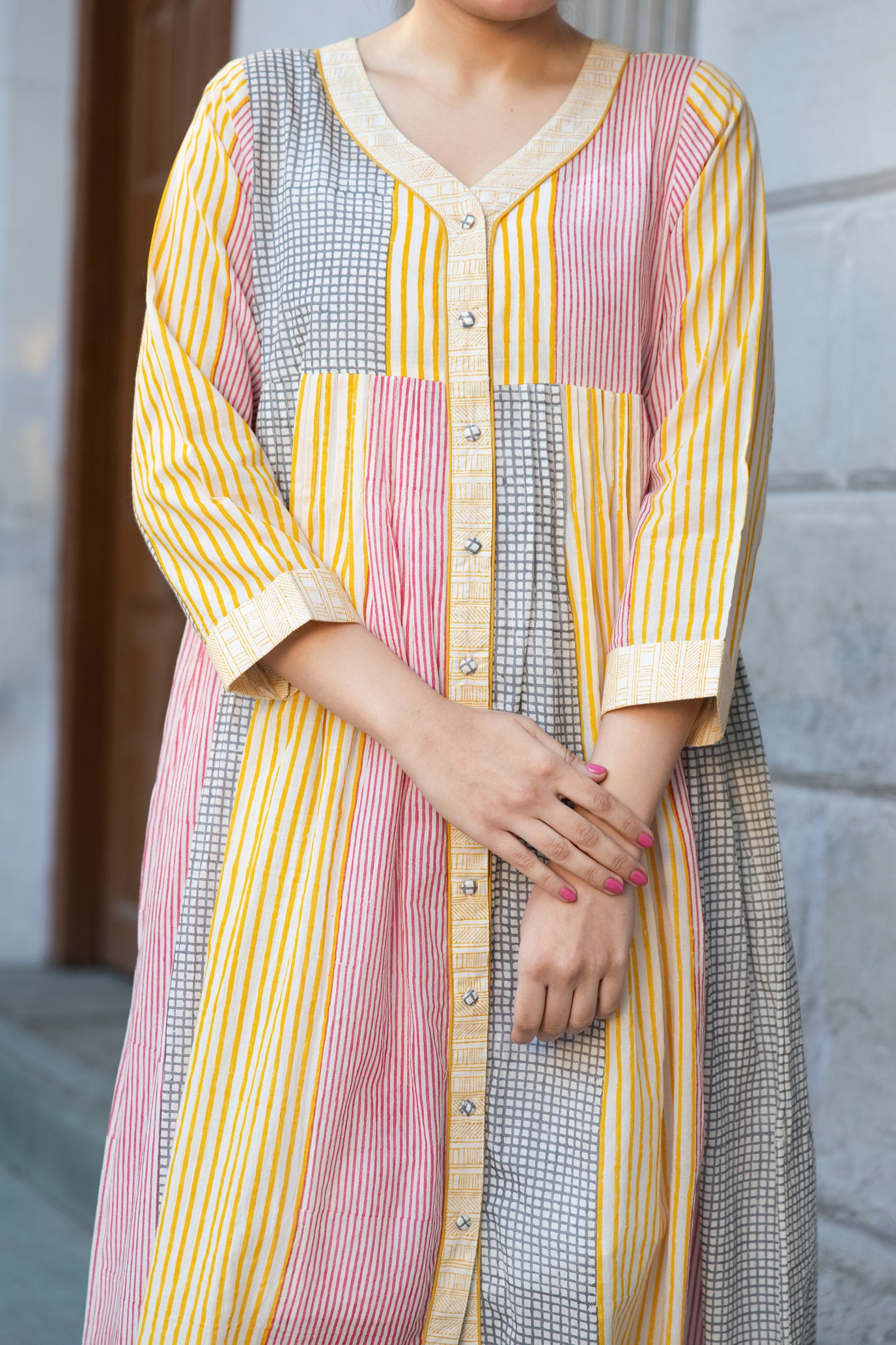 Cotton Block Printed Dress with V-Neck and Soft Pleats – Kanak