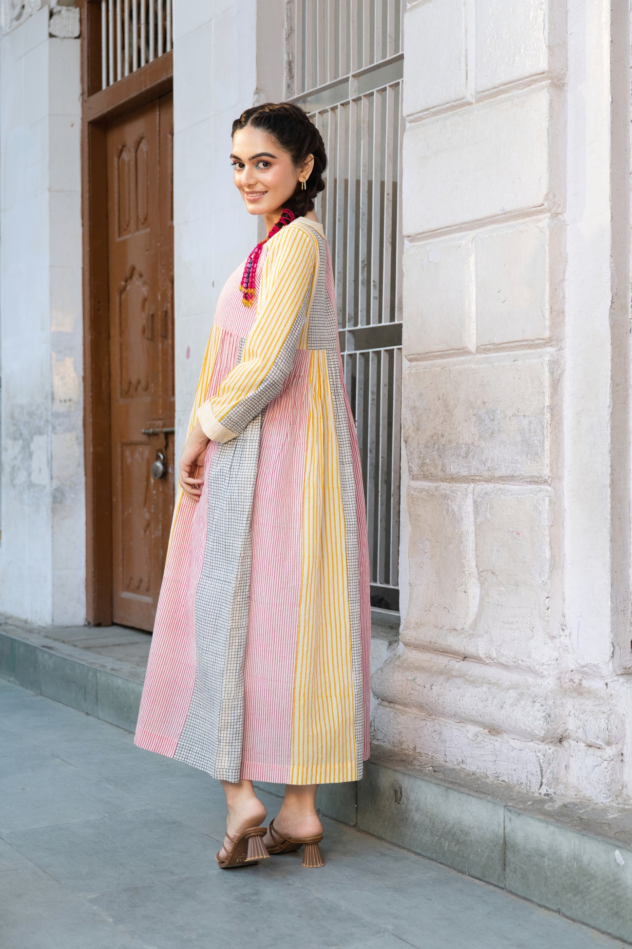 Cotton Block Printed Dress with V-Neck and Soft Pleats – Kanak