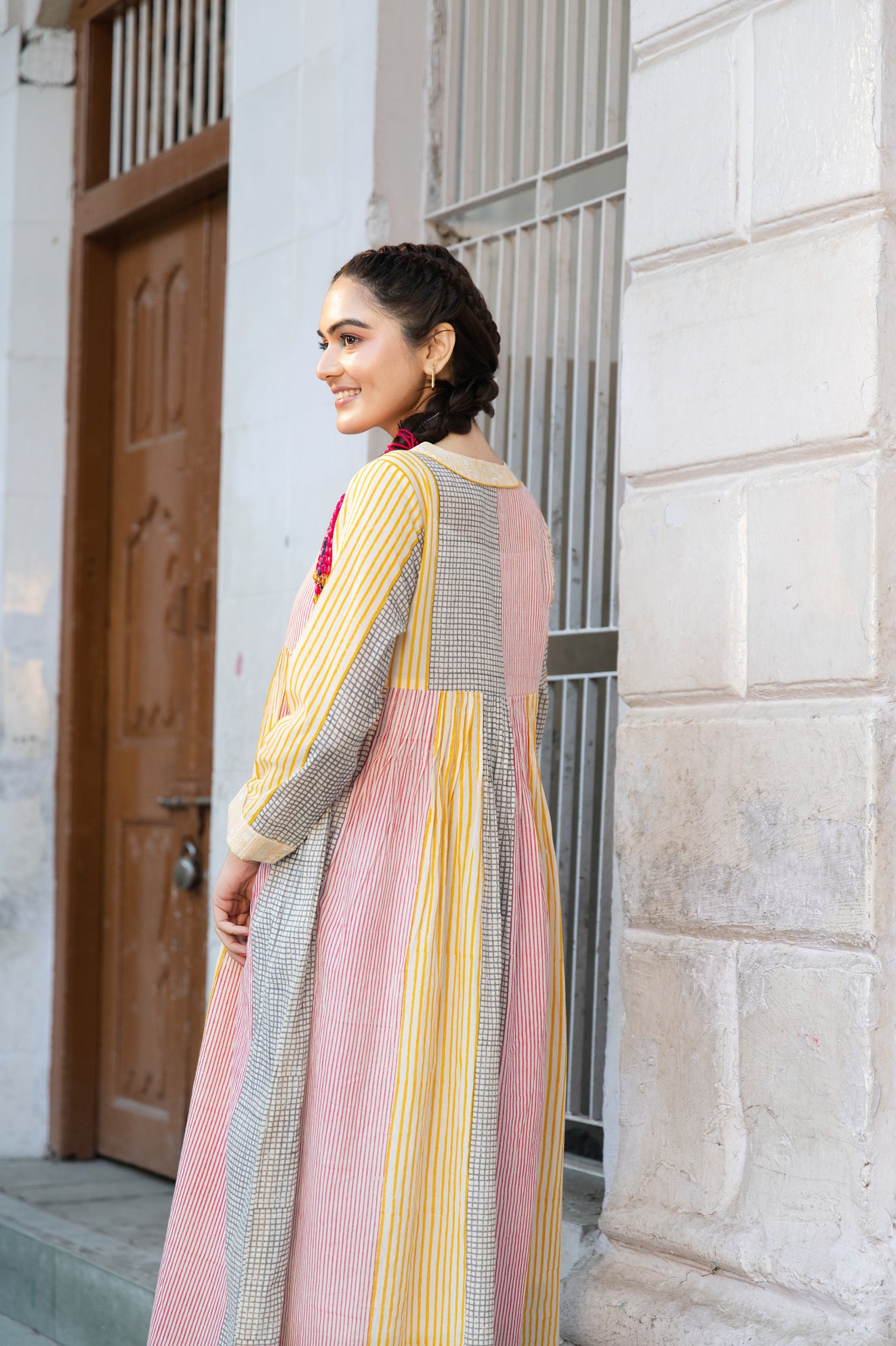 Cotton Block Printed Dress with V-Neck and Soft Pleats – Kanak