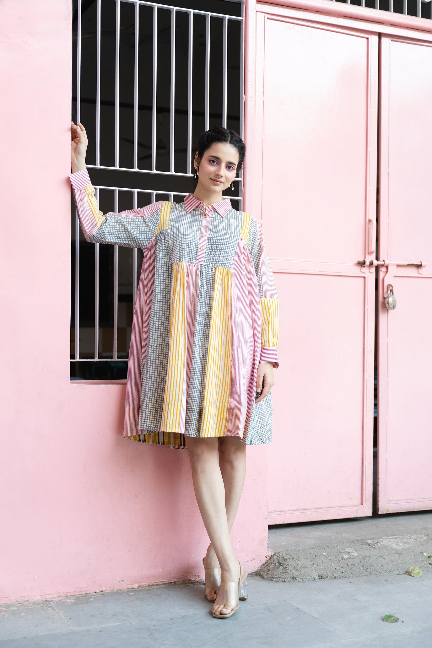 Lightweight Striped Block Print Collar Shirt Dress with Cuffed Sleeves – Kanak