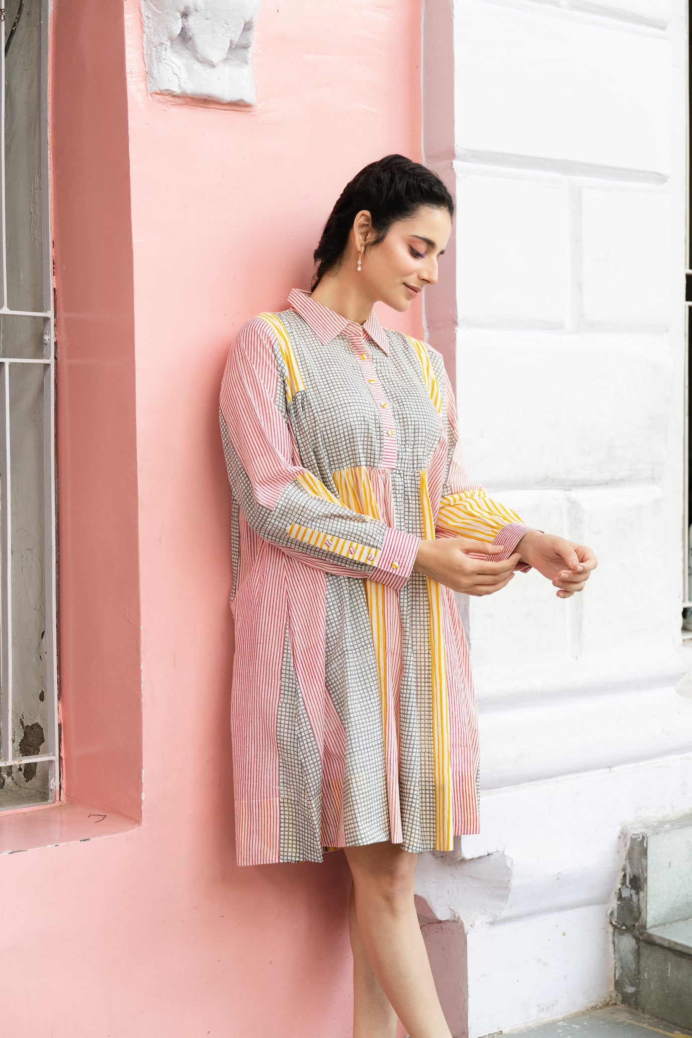 Lightweight Striped Block Print Collar Shirt Dress with Cuffed Sleeves – Kanak