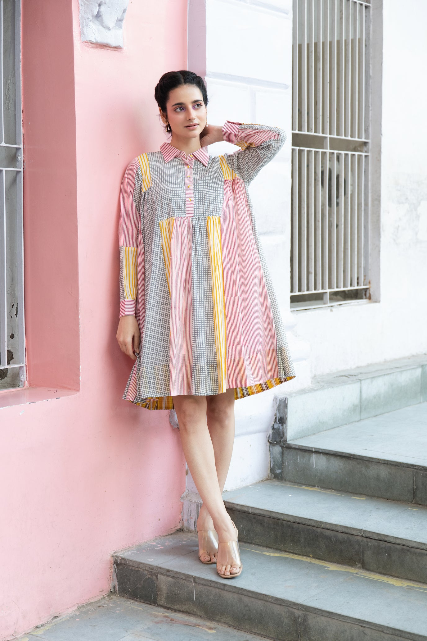 Lightweight Striped Block Print Collar Shirt Dress with Cuffed Sleeves – Kanak