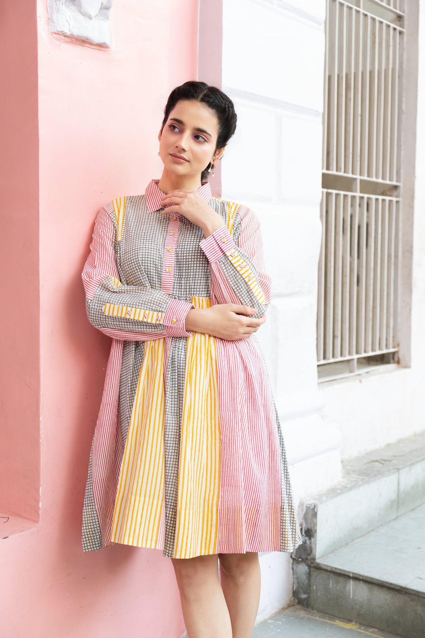 Lightweight Striped Block Print Collar Shirt Dress with Cuffed Sleeves – Kanak