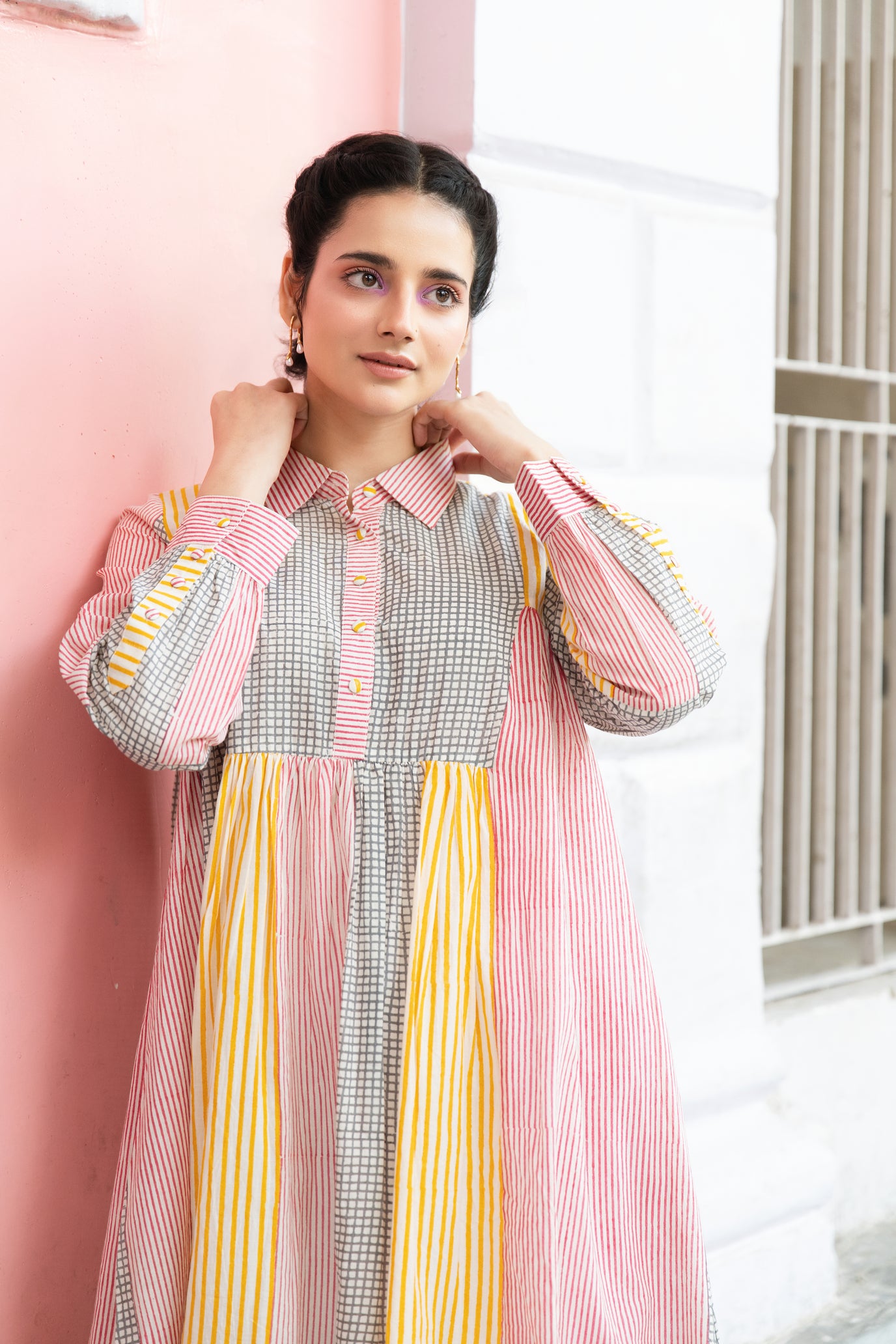 Lightweight Striped Block Print Collar Shirt Dress with Cuffed Sleeves – Kanak