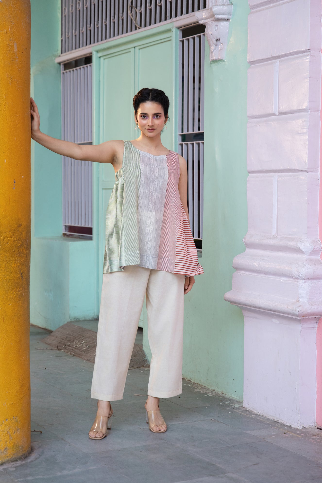 Cotton Block Printed Striped Sleeveless Relaxed Top – Kanak