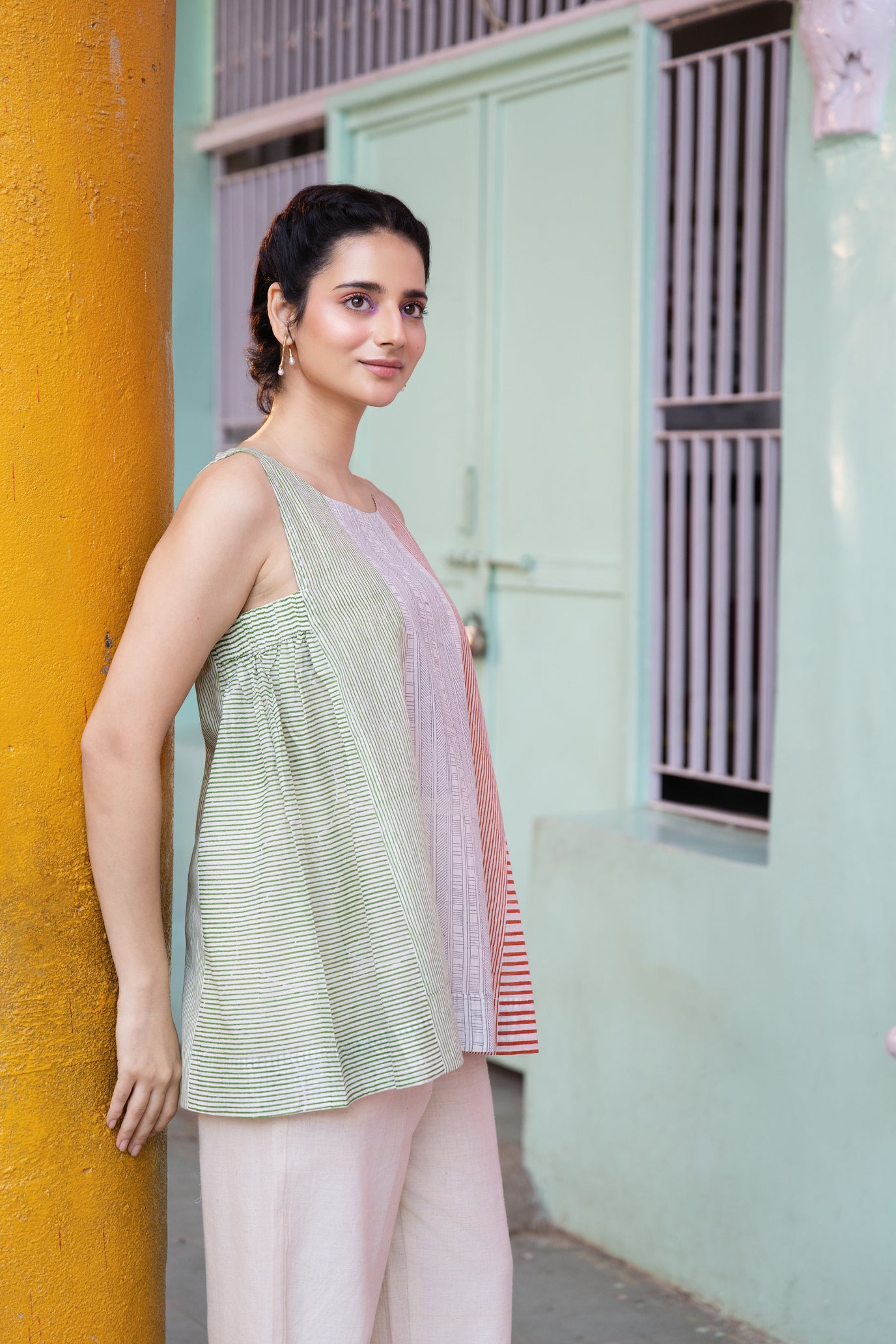 Cotton Block Printed Striped Sleeveless Relaxed Top – Kanak