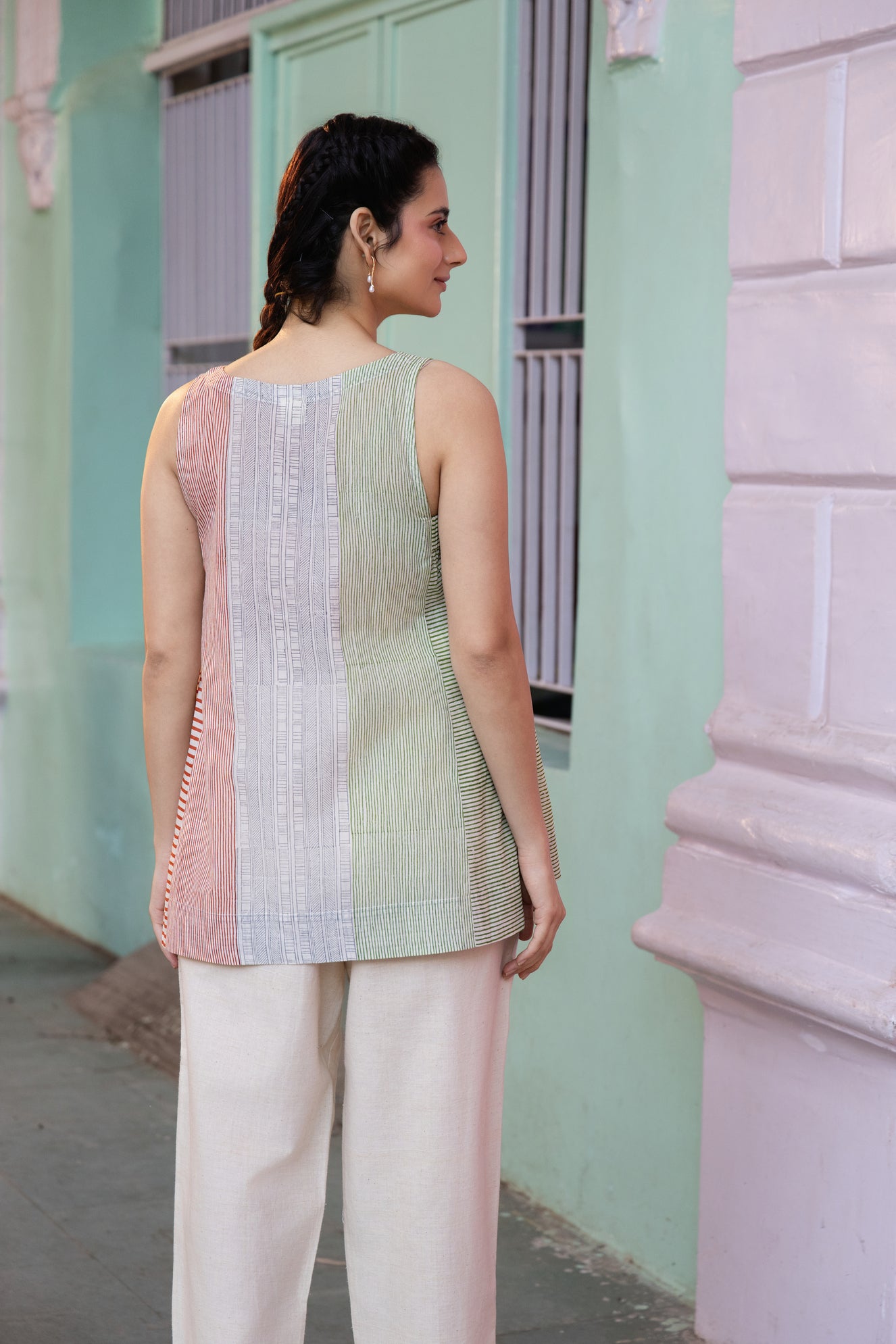 Cotton Block Printed Striped Sleeveless Relaxed Top – Kanak