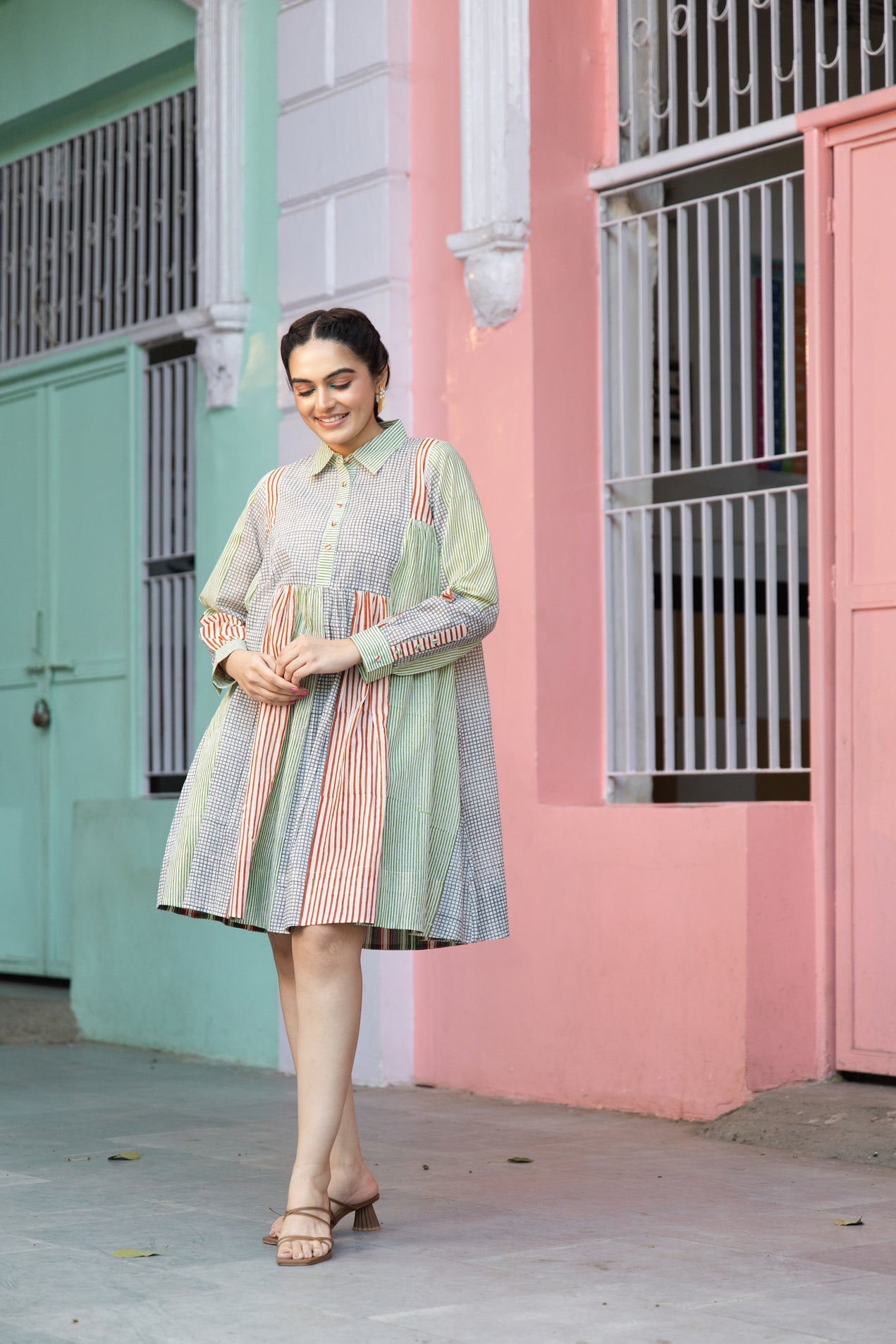 Cotton Striped Block Print Collar Shirt Dress with Cuffed Sleeves – Kanak
