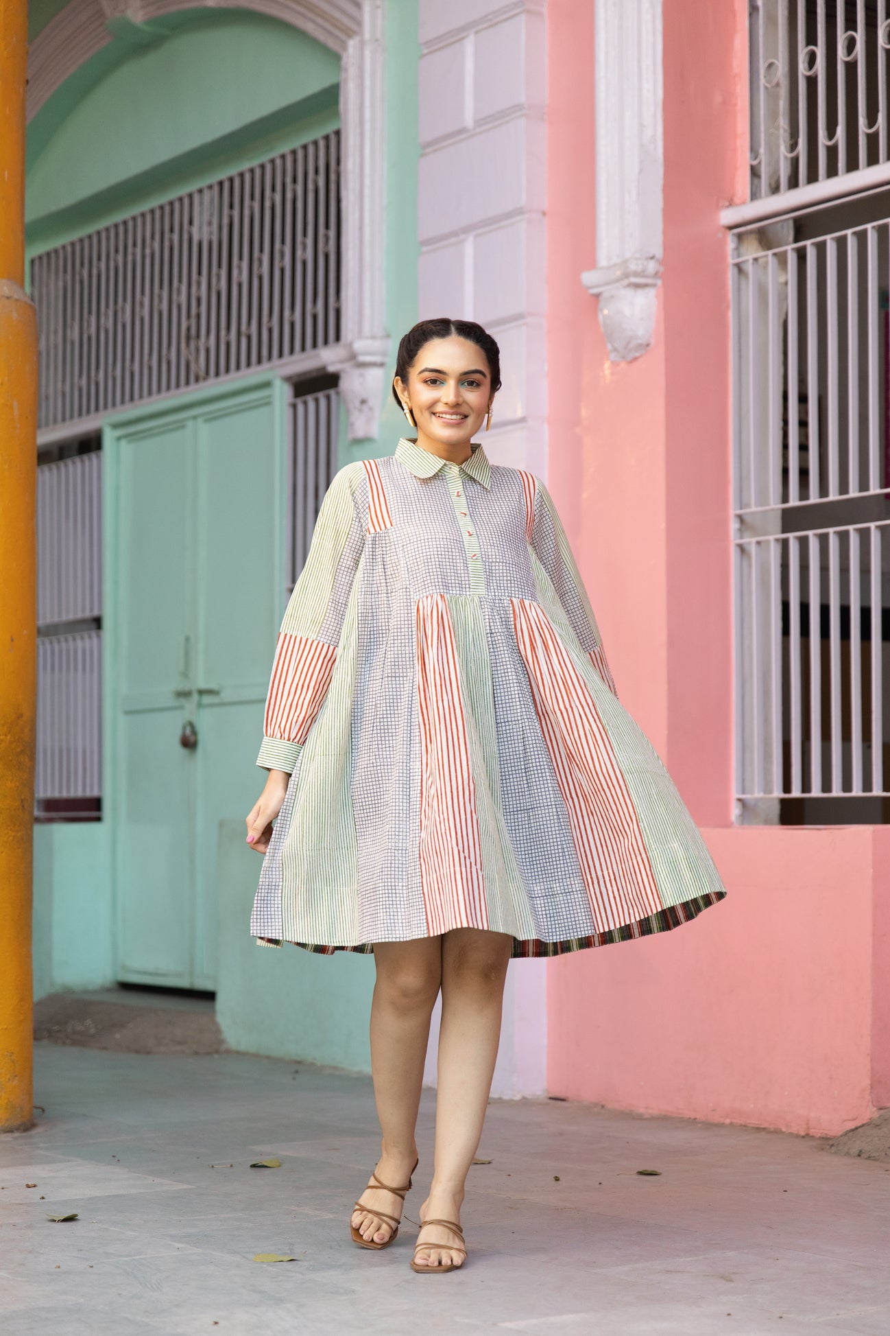 Cotton Striped Block Print Collar Shirt Dress with Cuffed Sleeves – Kanak