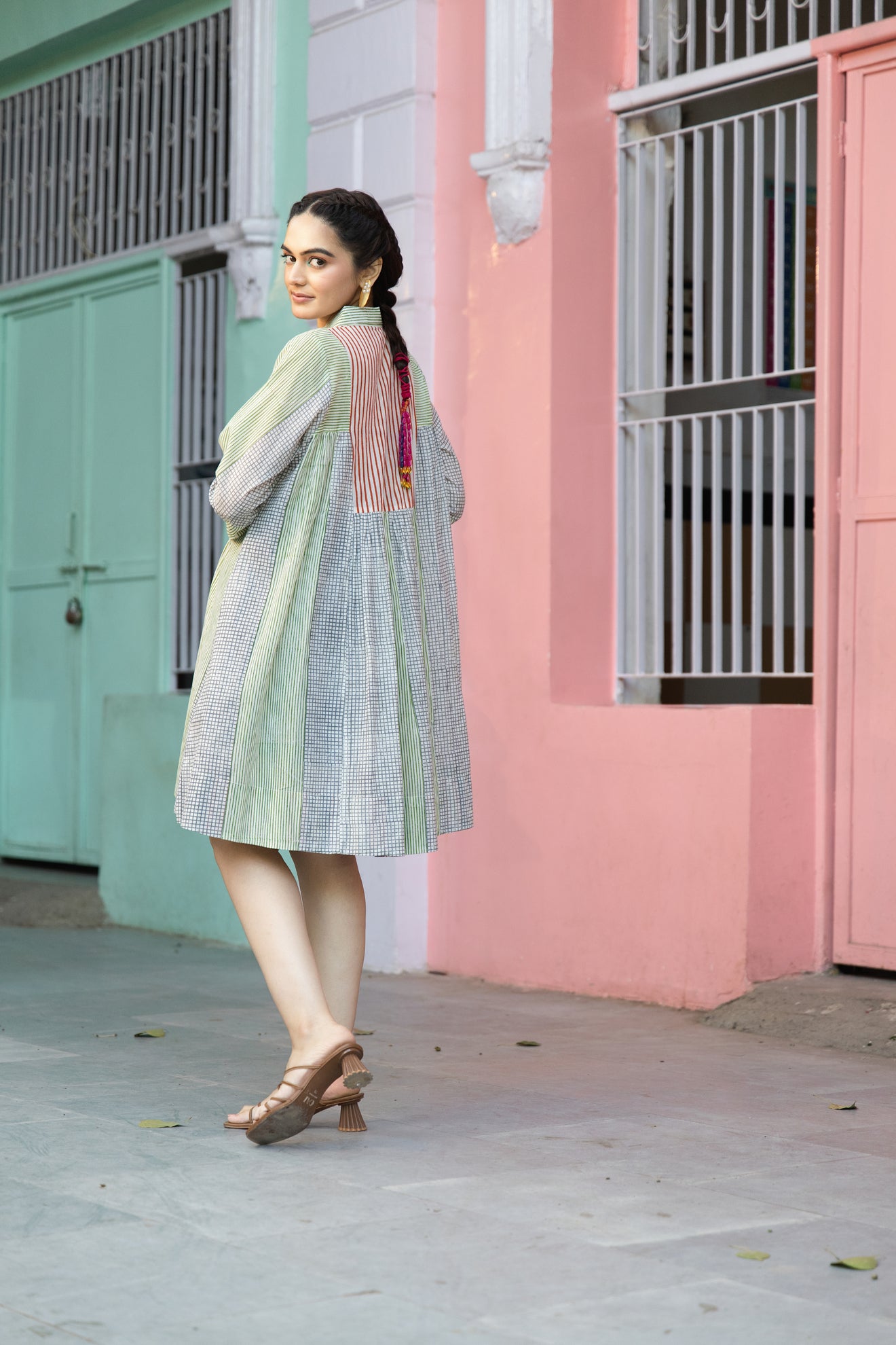 Cotton Striped Block Print Collar Shirt Dress with Cuffed Sleeves – Kanak