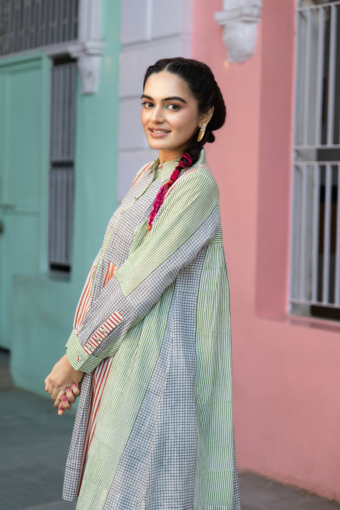 Cotton Striped Block Print Collar Shirt Dress with Cuffed Sleeves – Kanak