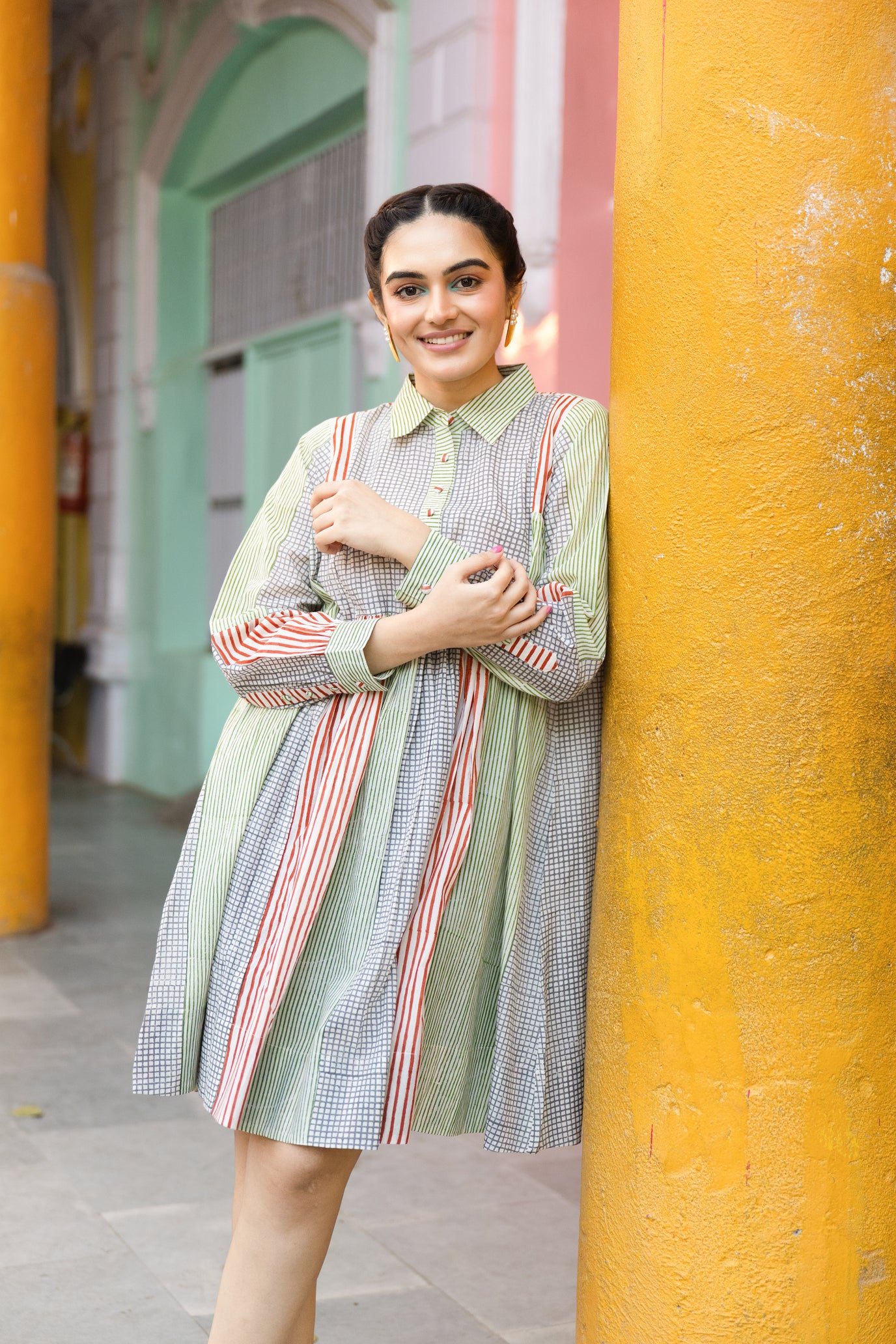 Cotton Striped Block Print Collar Shirt Dress with Cuffed Sleeves – Kanak