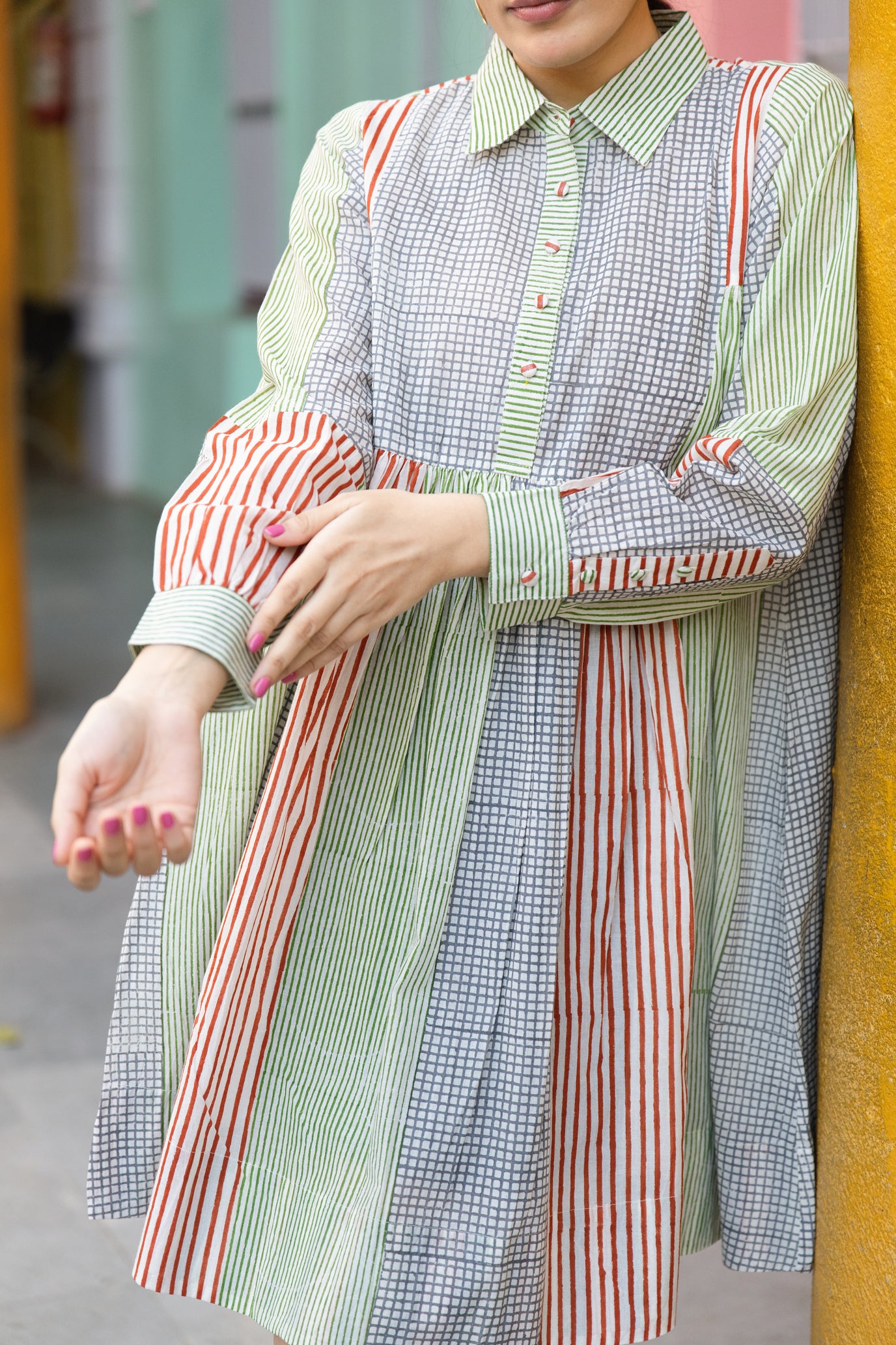 Cotton Striped Block Print Collar Shirt Dress with Cuffed Sleeves – Kanak