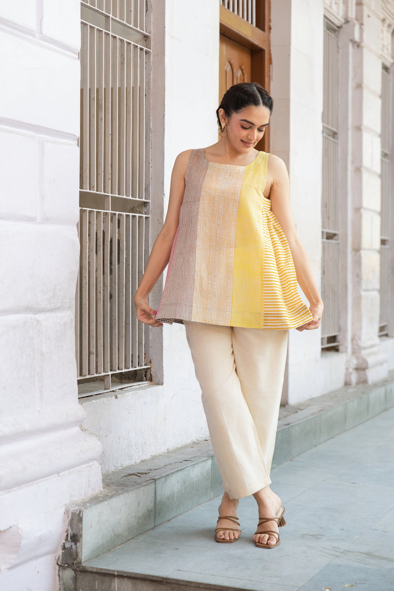 Cotton Block Printed Striped Sleeveless Relaxed Summer Top – Kanak