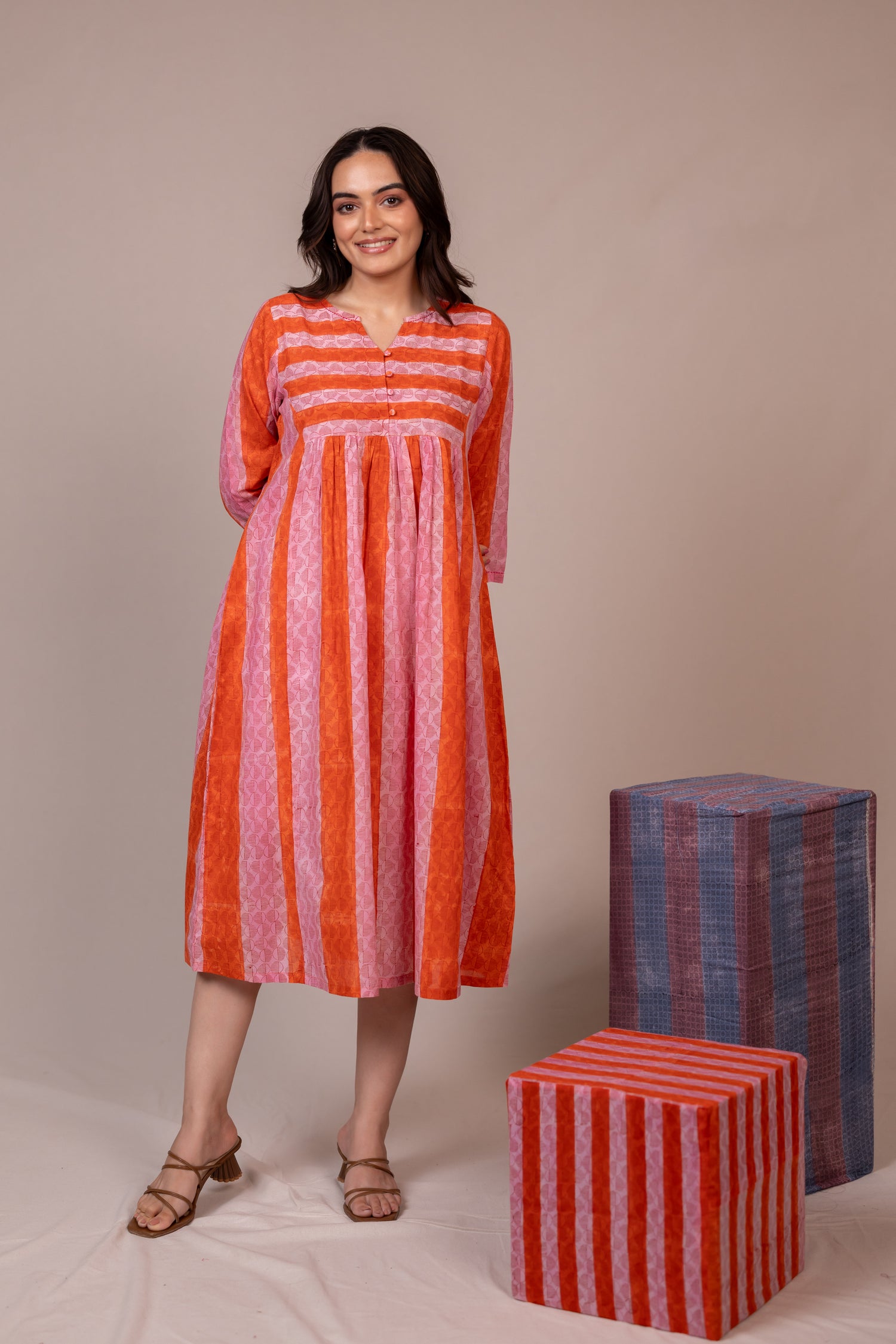 Orange Hand Block Printed Fine Cotton Dress – Bel