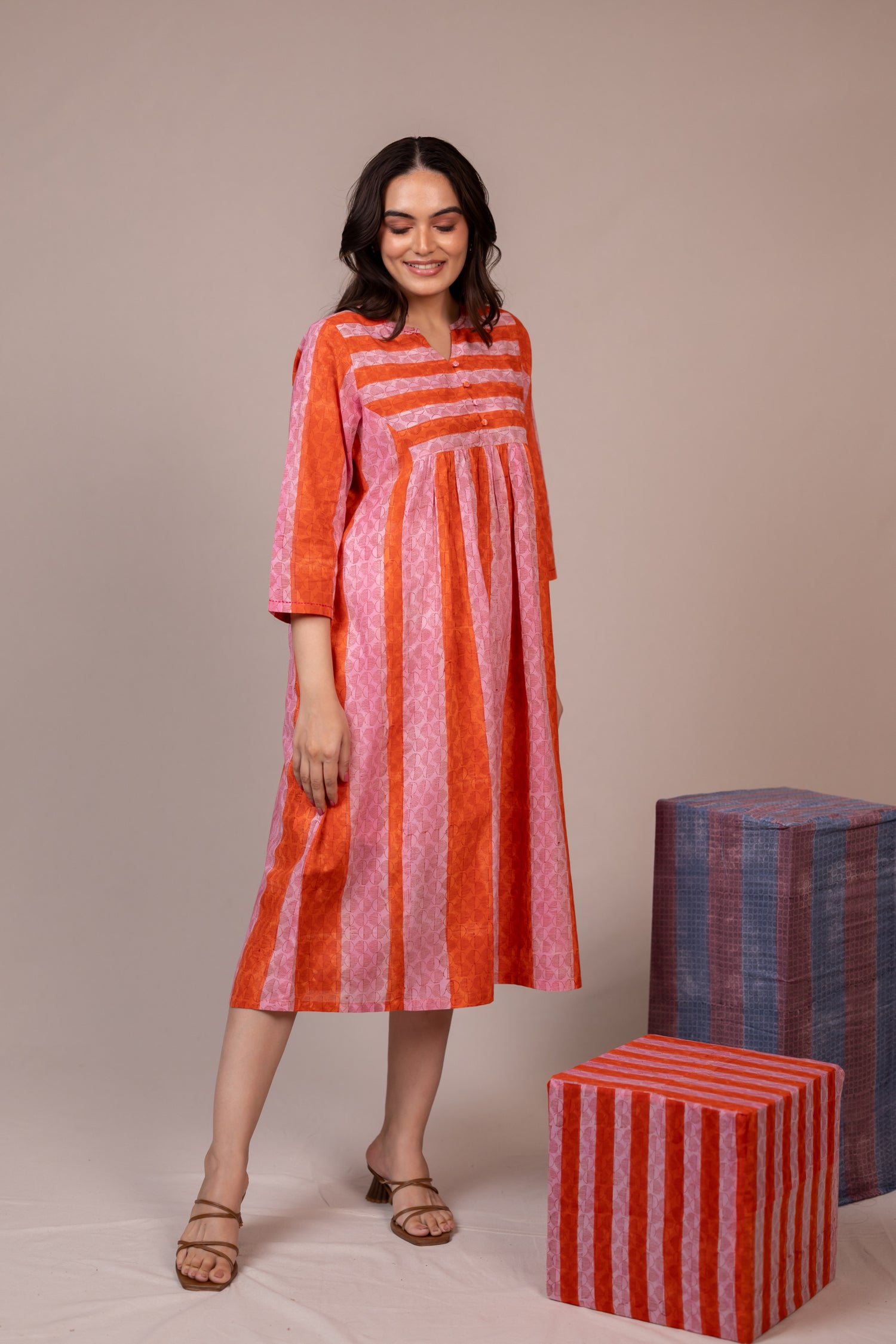 Orange Hand Block Printed Fine Cotton Dress – Bel