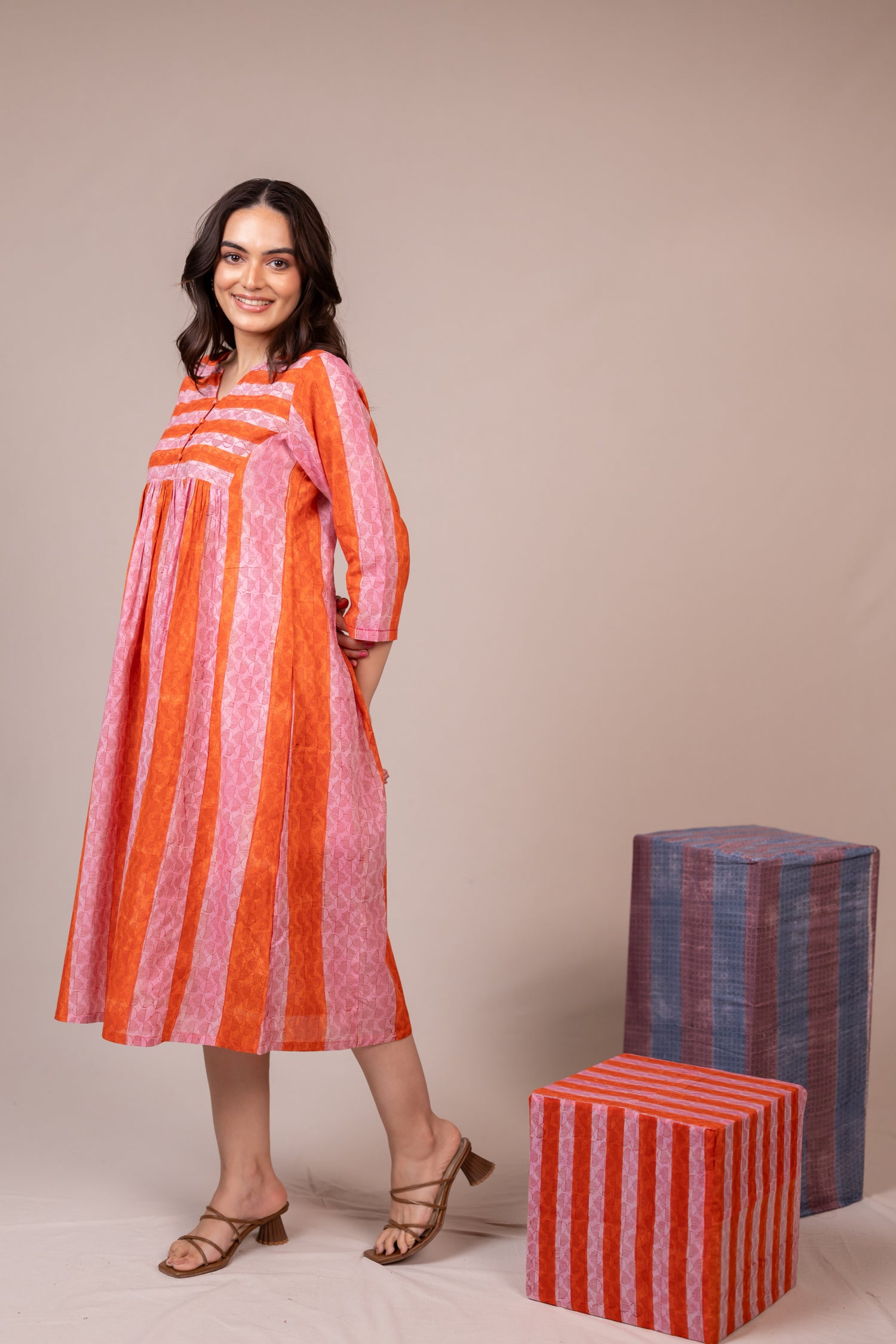 Orange Hand Block Printed Fine Cotton Dress – Bel