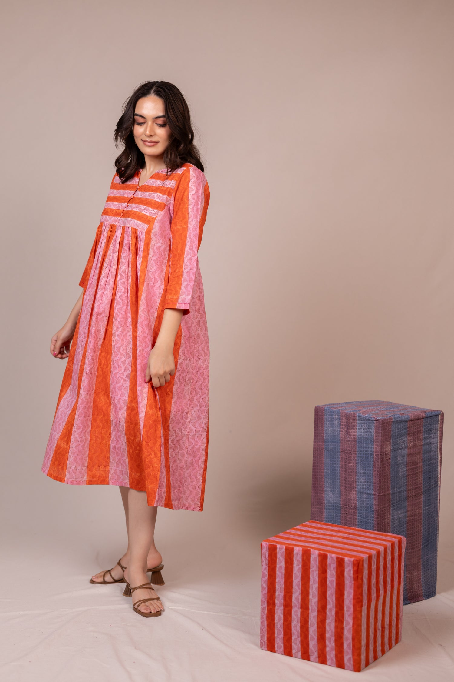 Orange Hand Block Printed Fine Cotton Dress – Bel