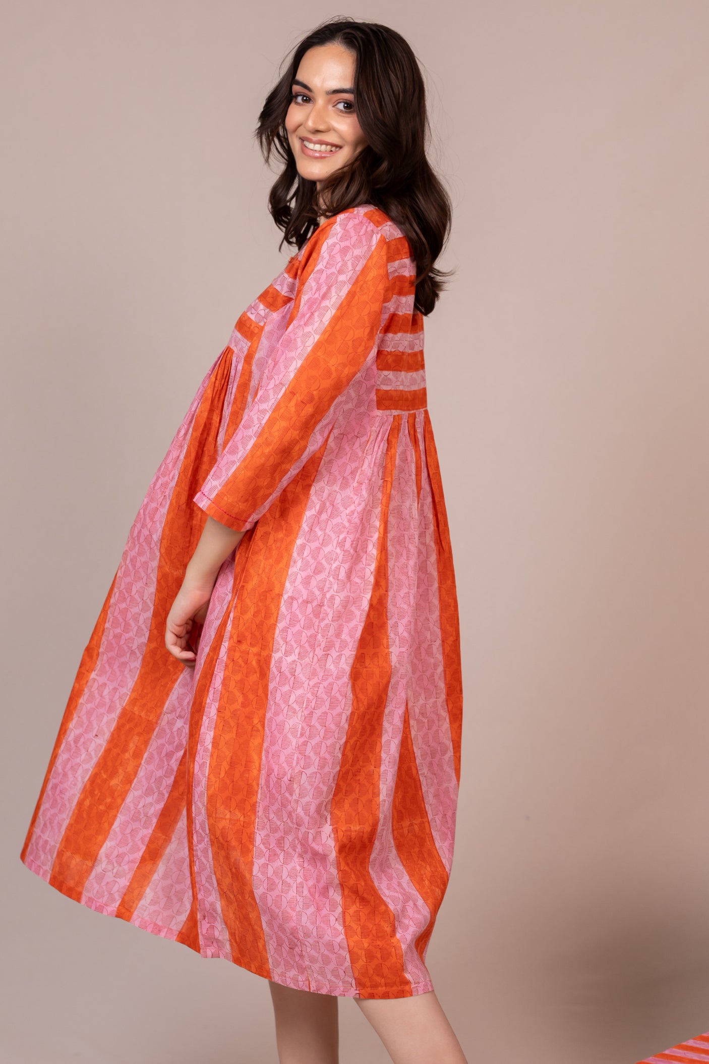 Orange Hand Block Printed Fine Cotton Dress – Bel