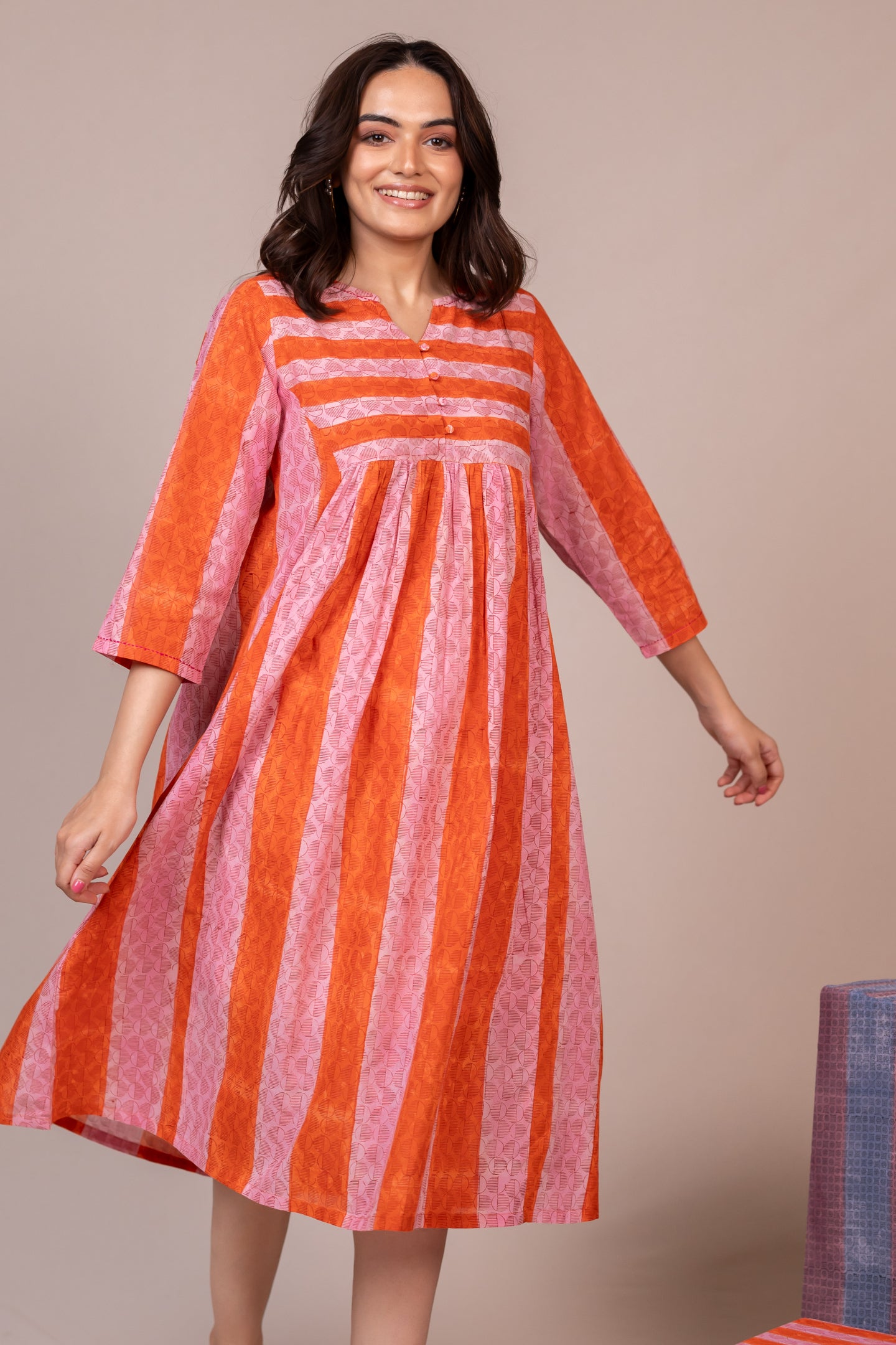 Orange Hand Block Printed Fine Cotton Dress – Bel