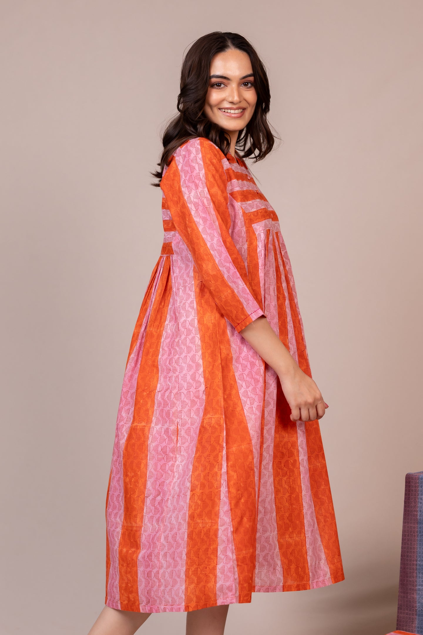Orange Hand Block Printed Fine Cotton Dress – Bel