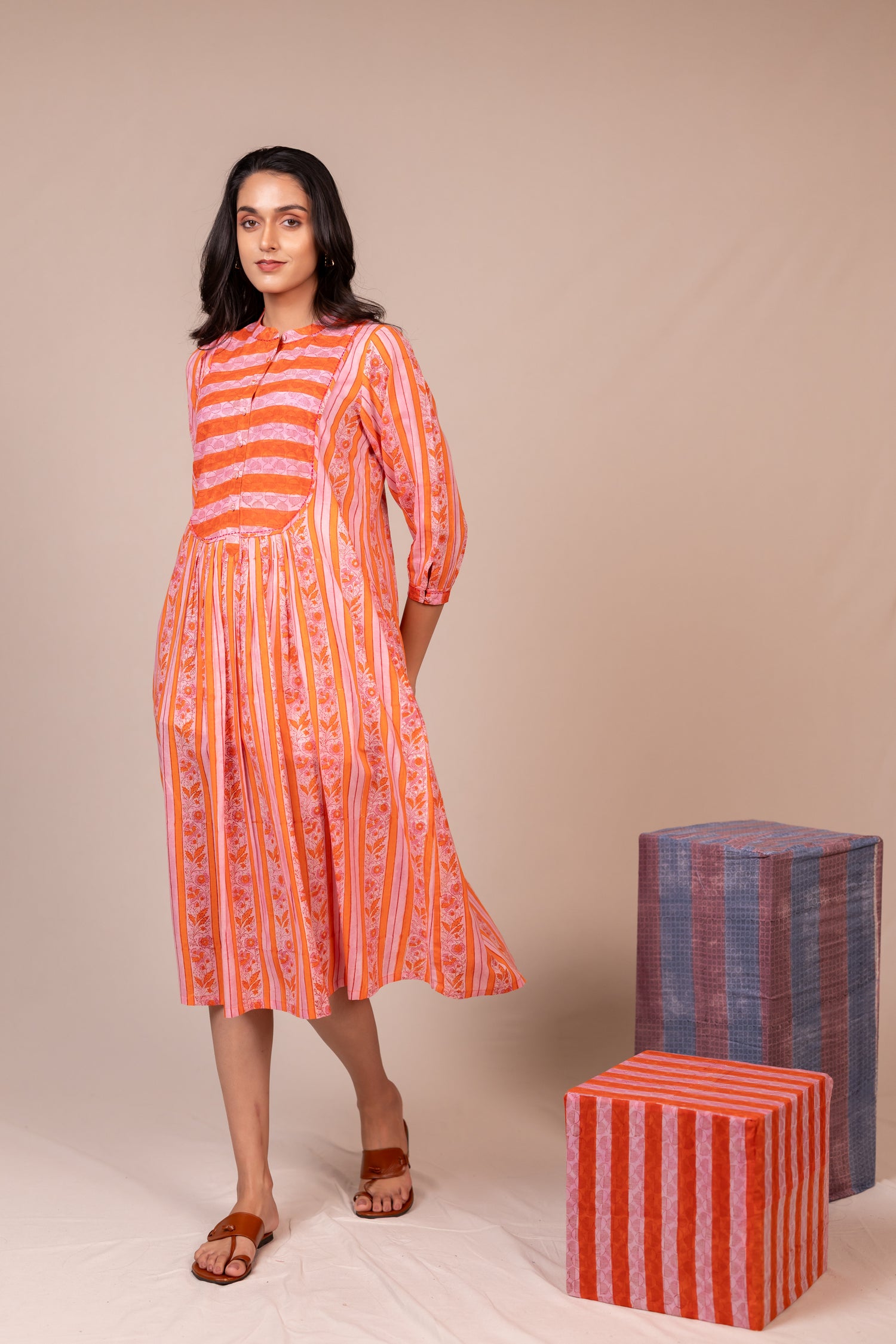 Hand Block Printed Fine Cotton Dress with Pockets in Orange – Bel