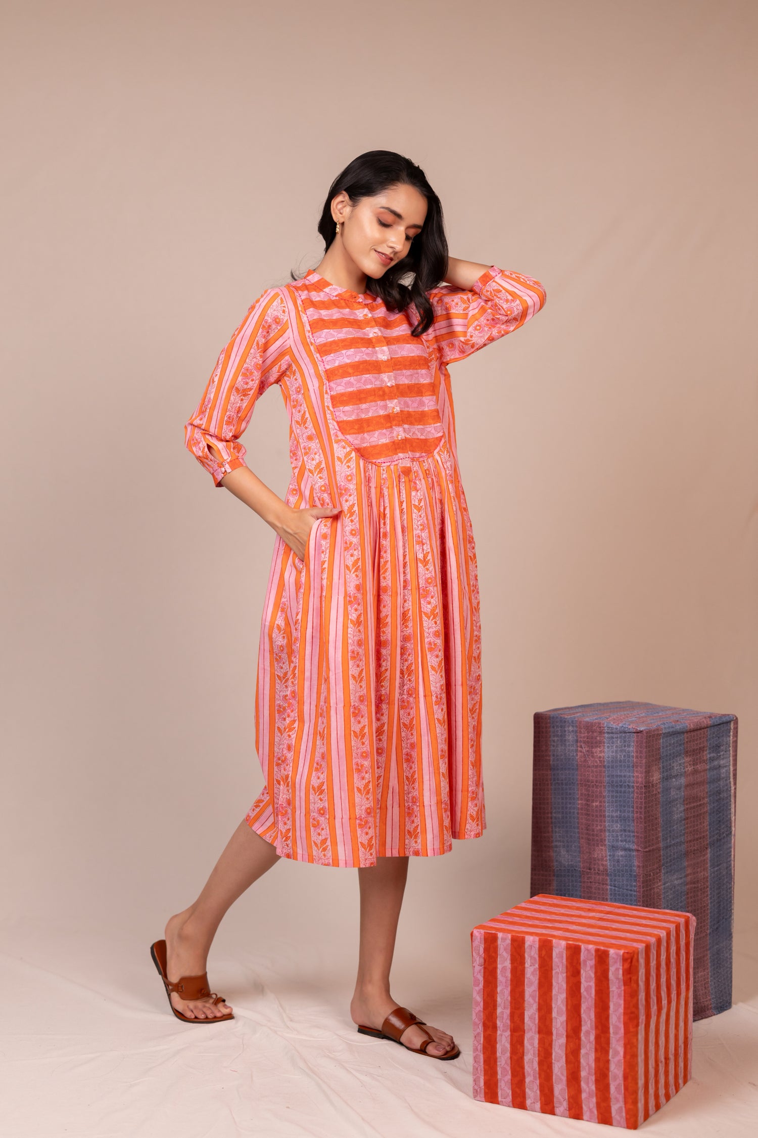 Hand Block Printed Fine Cotton Dress with Pockets in Orange – Bel
