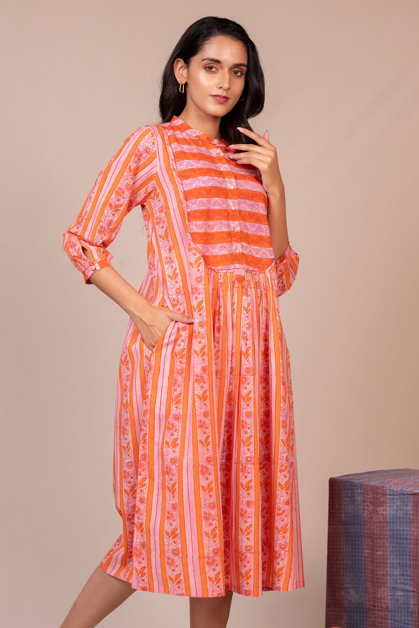 Hand Block Printed Fine Cotton Dress with Pockets in Orange – Bel