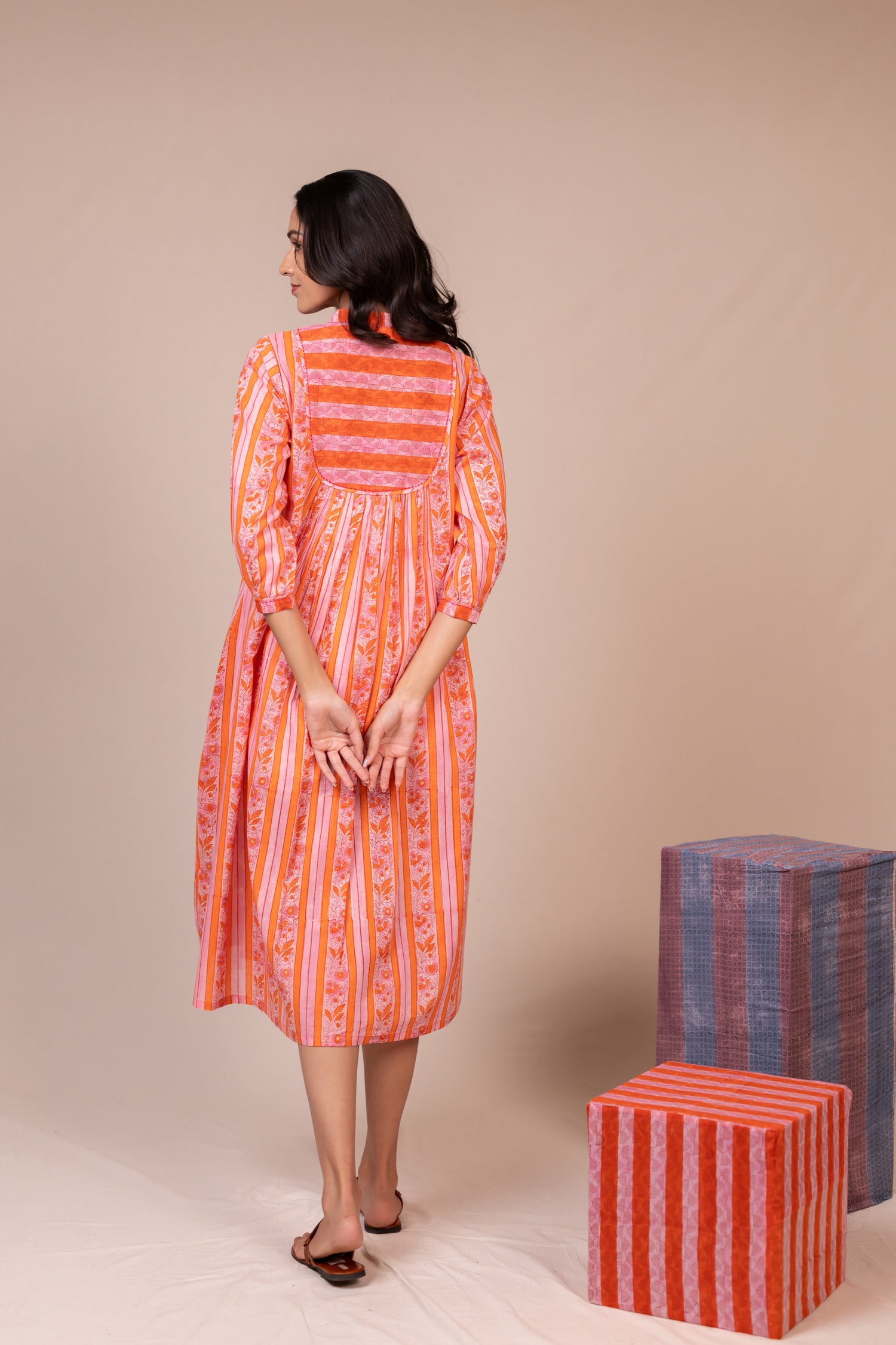 Hand Block Printed Fine Cotton Dress with Pockets in Orange – Bel