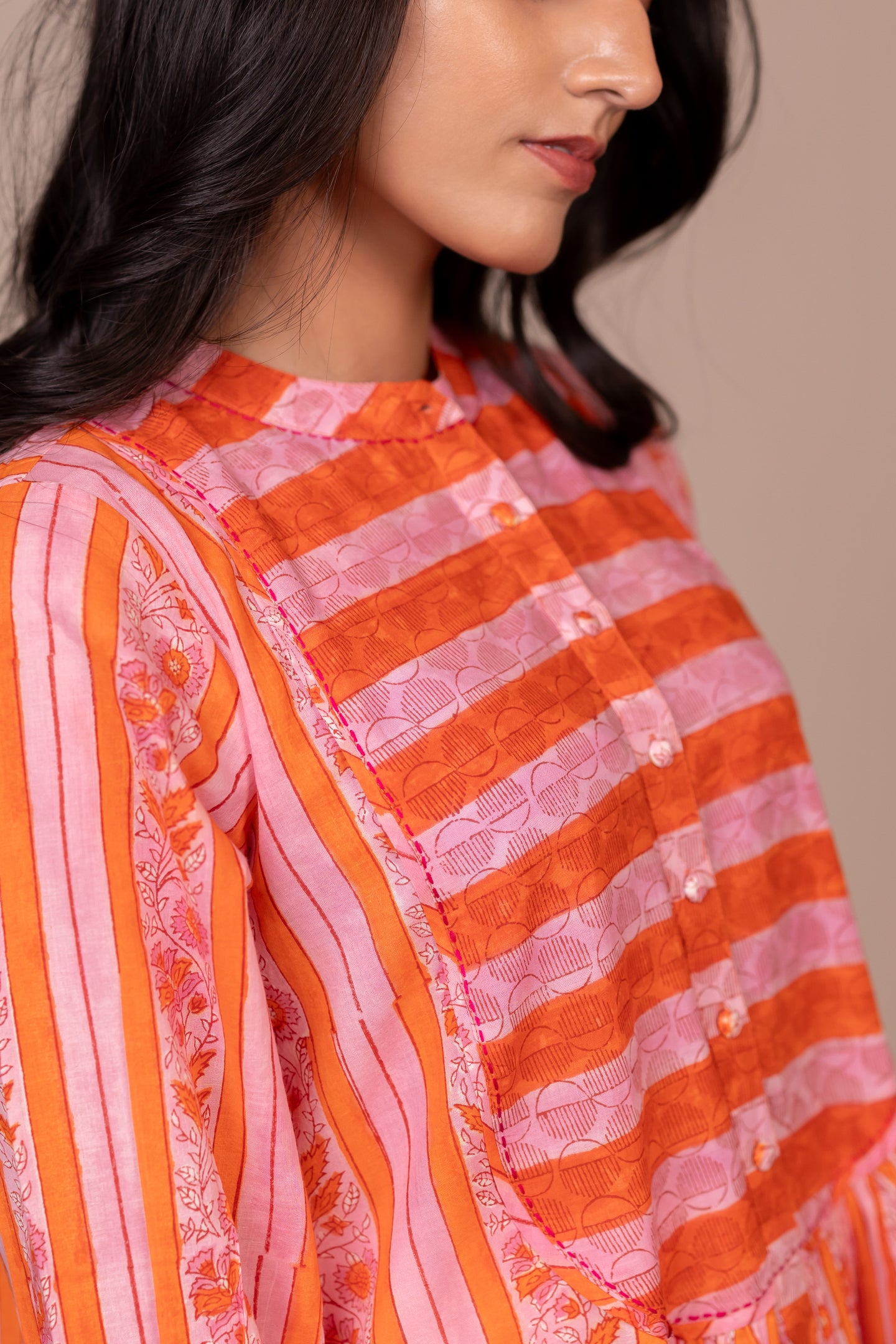 Hand Block Printed Fine Cotton Dress with Pockets in Orange – Bel
