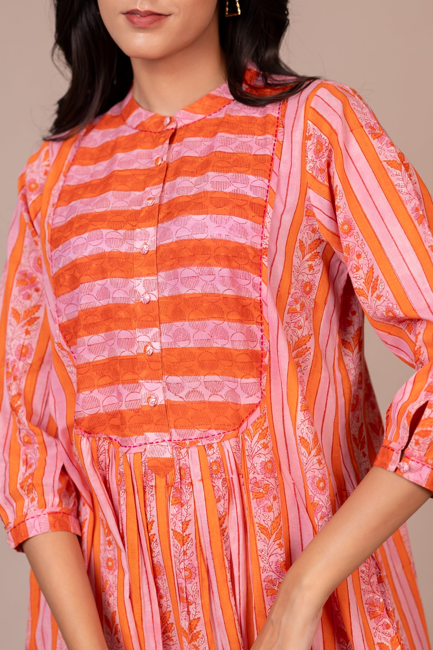 Hand Block Printed Fine Cotton Dress with Pockets in Orange – Bel