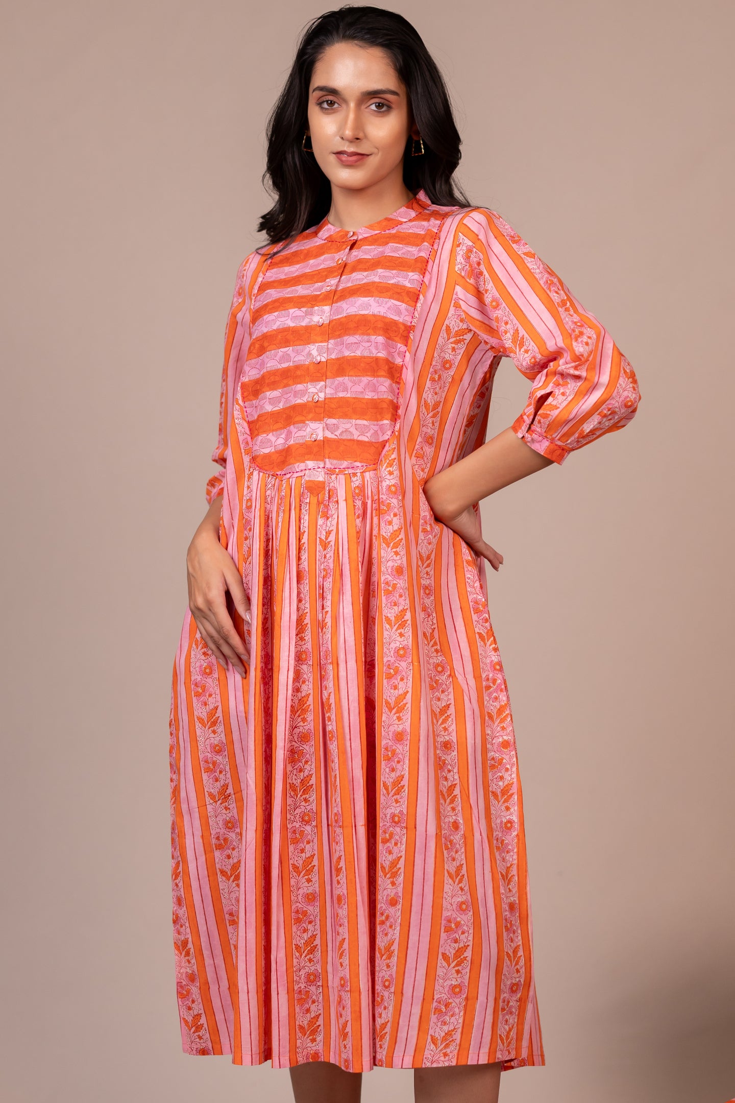 Hand Block Printed Fine Cotton Dress with Pockets in Orange – Bel