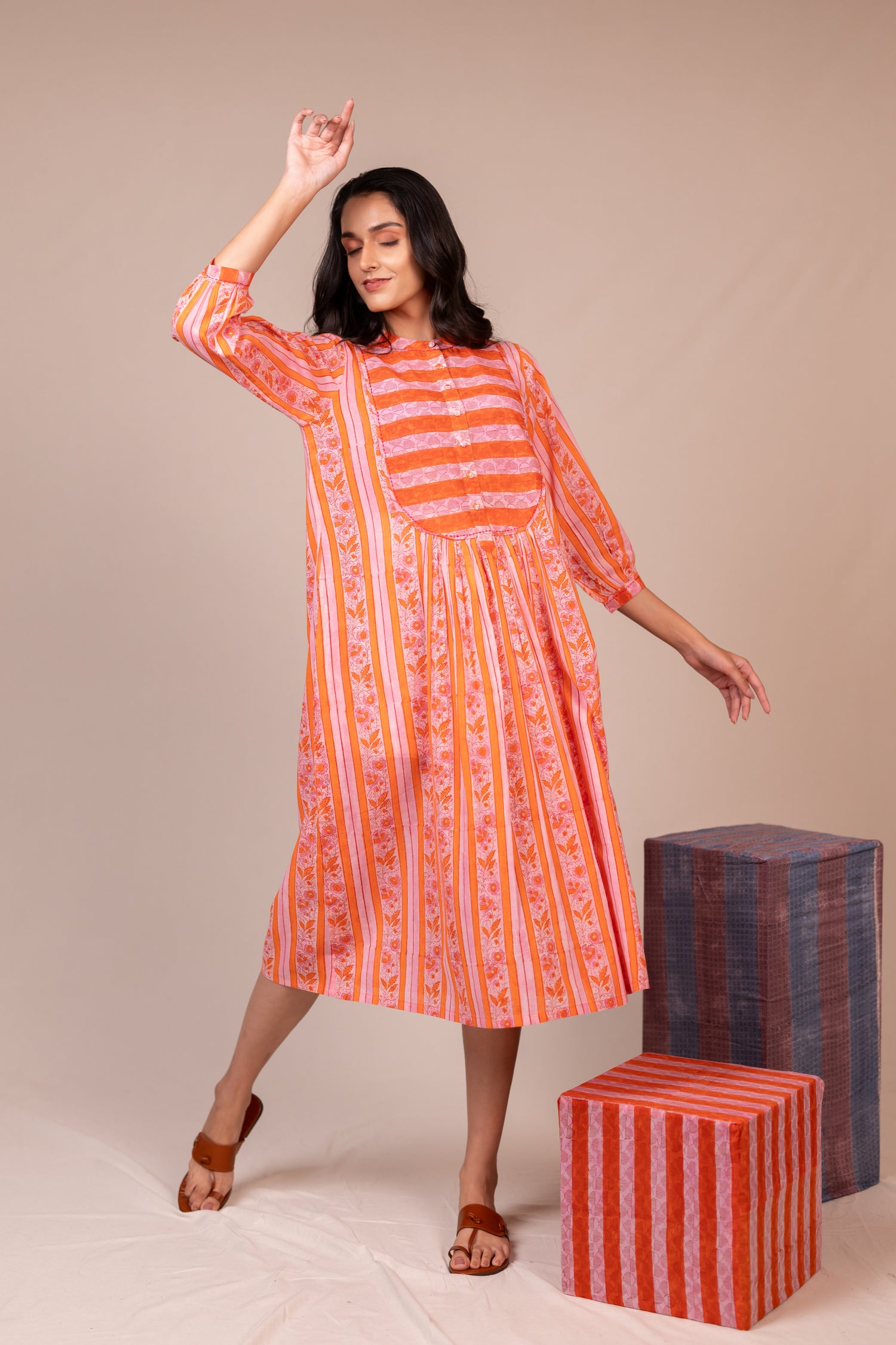 Hand Block Printed Fine Cotton Dress with Pockets in Orange – Bel