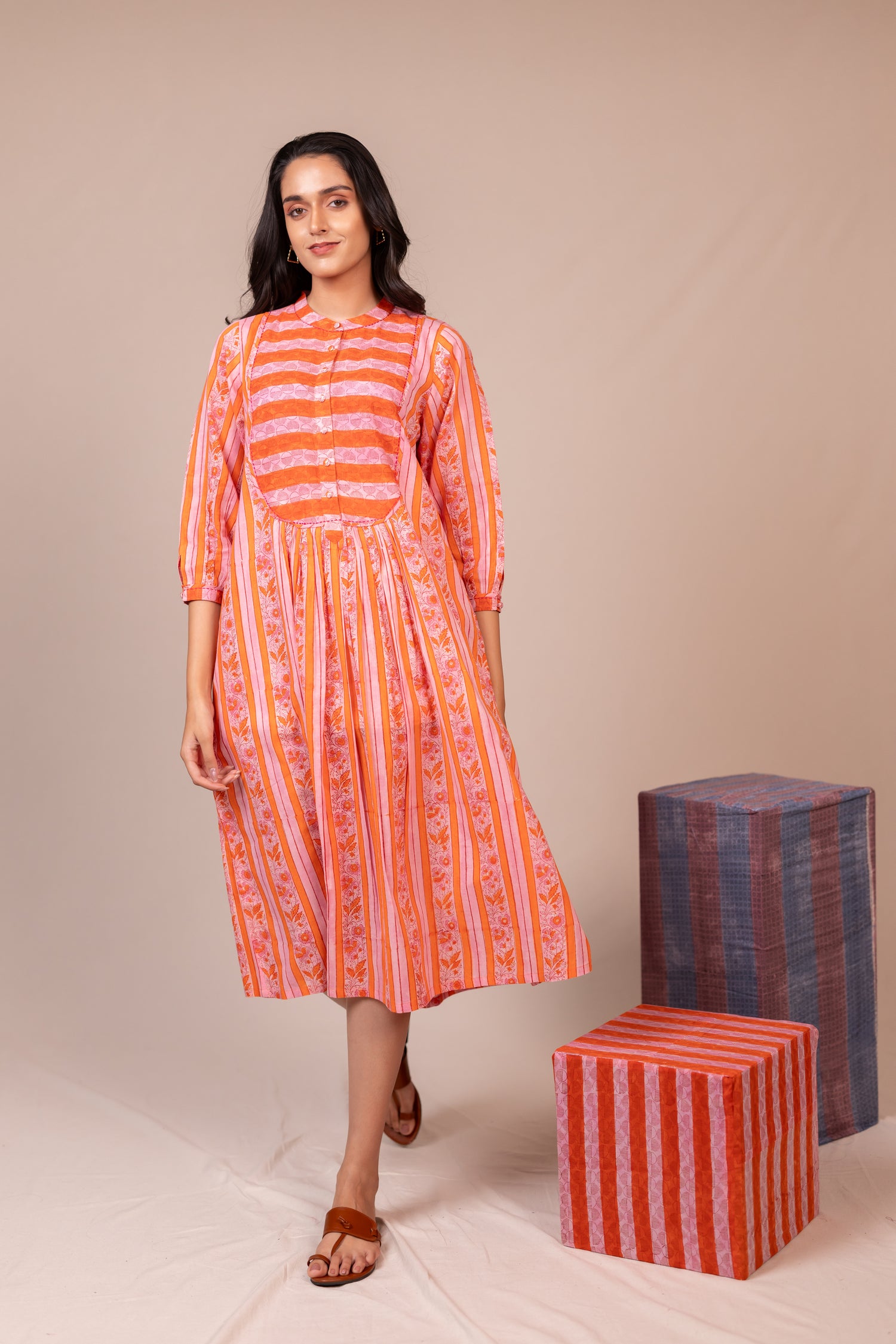 Hand Block Printed Fine Cotton Dress with Pockets in Orange – Bel