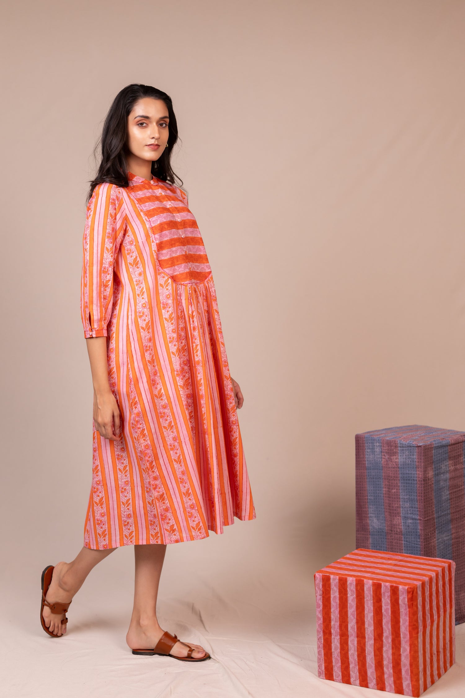 Hand Block Printed Fine Cotton Dress with Pockets in Orange – Bel