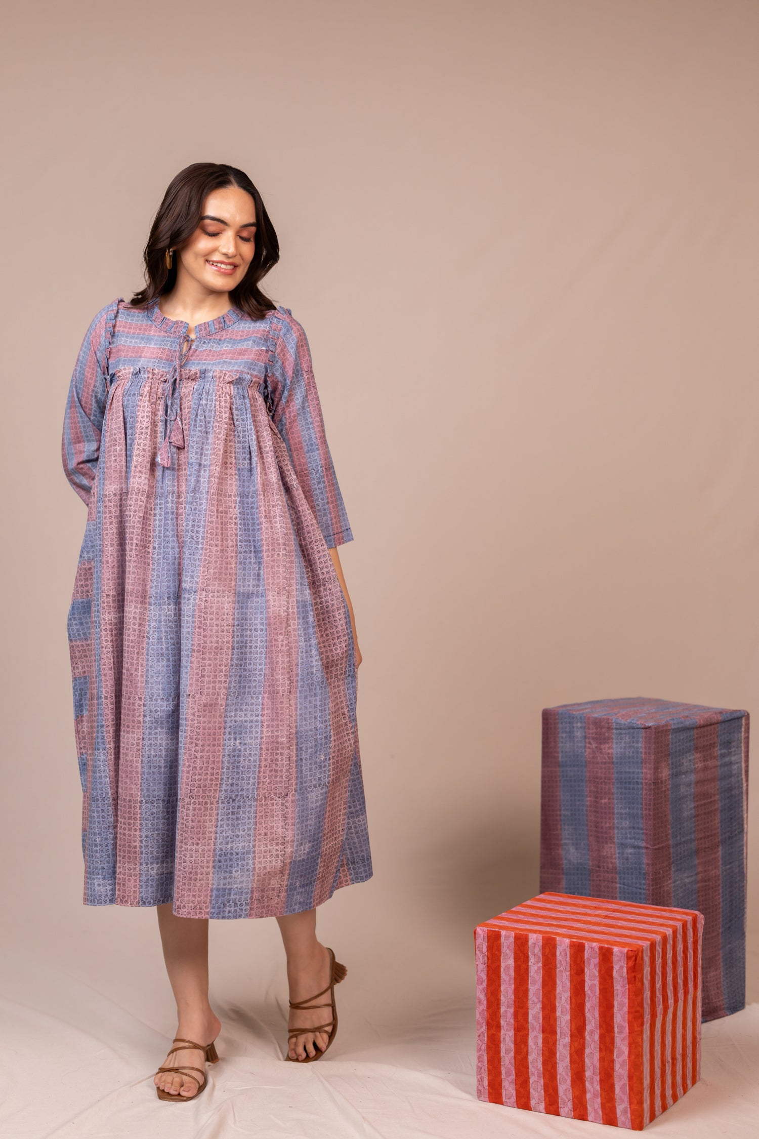 Hand Block Printed Fine Cotton Flowy Dress in Light Lavender– Bel