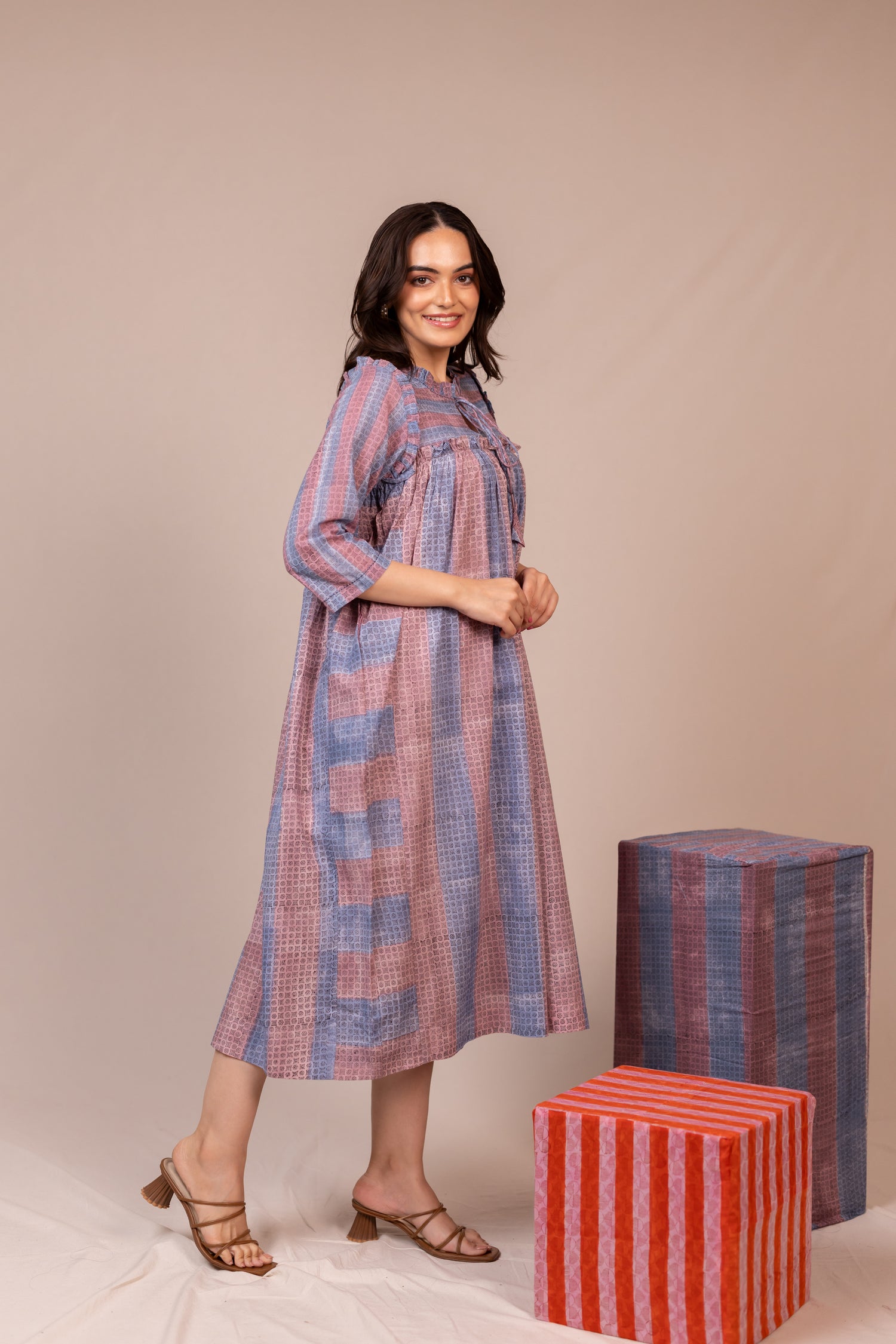 Hand Block Printed Fine Cotton Flowy Dress in Light Lavender– Bel