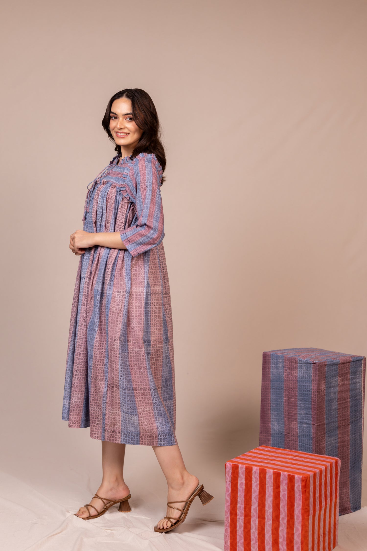 Hand Block Printed Fine Cotton Flowy Dress in Light Lavender– Bel