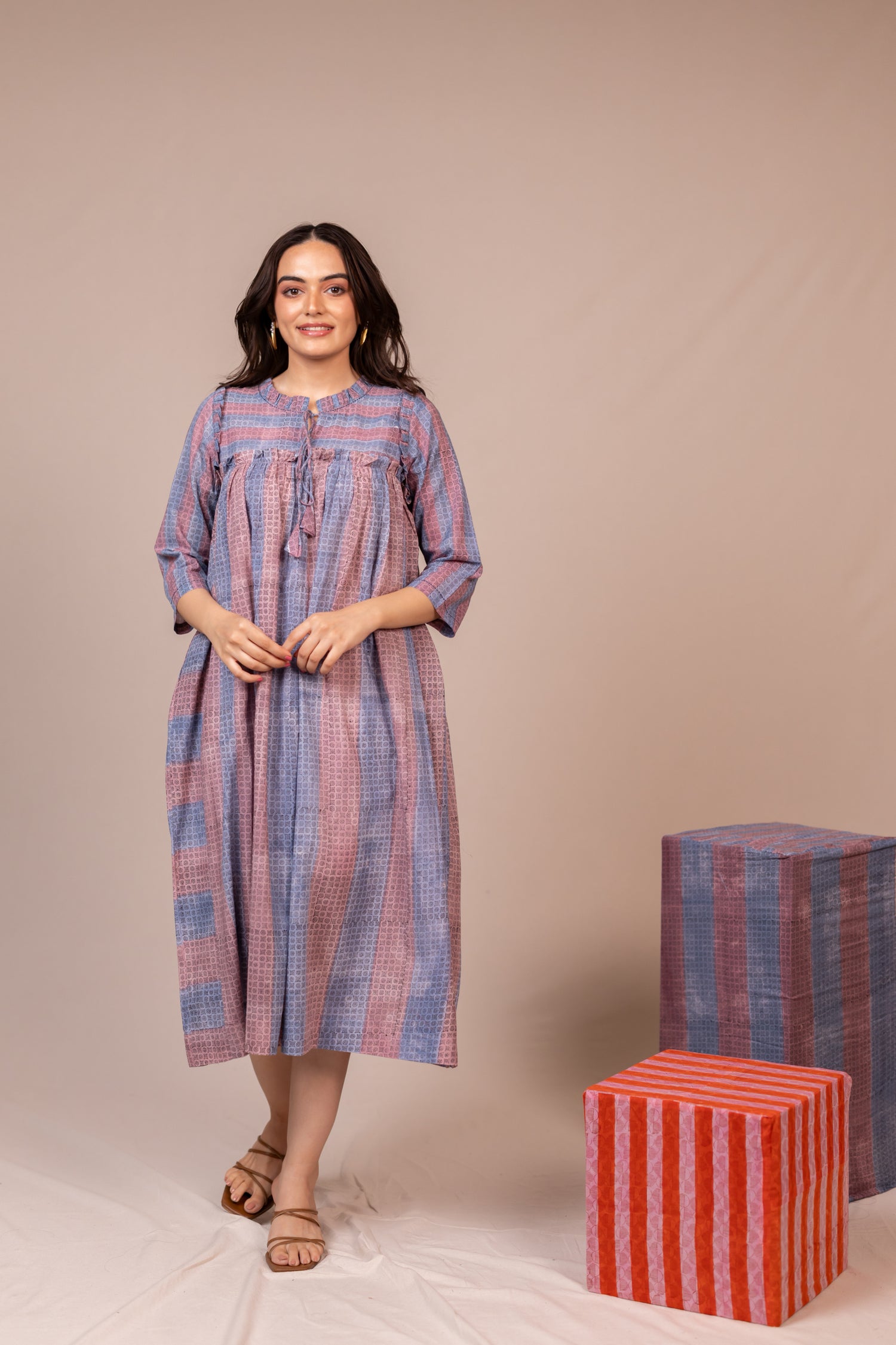 Hand Block Printed Fine Cotton Flowy Dress in Light Lavender– Bel