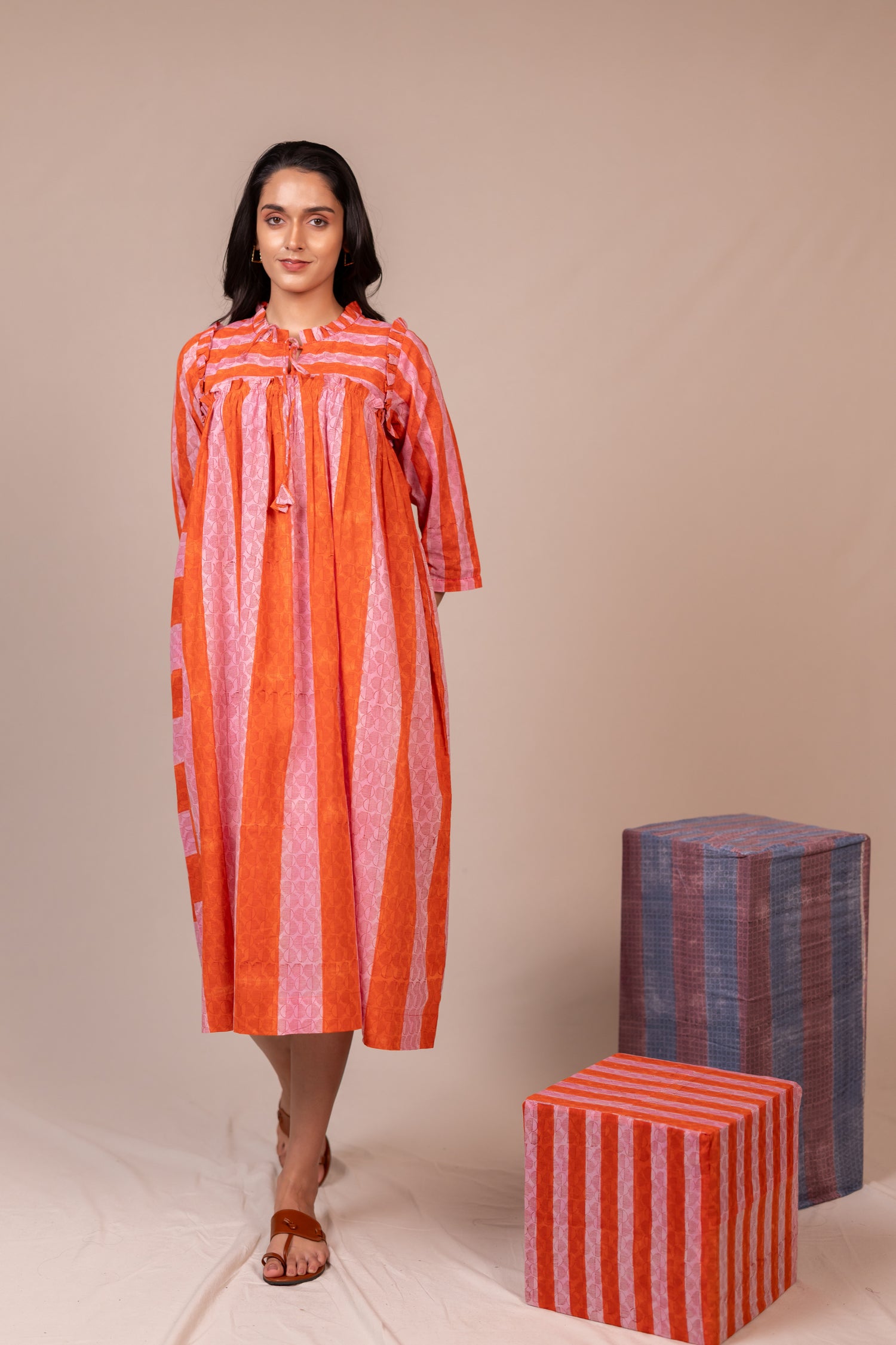 Hand Block Printed Fine Cotton Flowy Dress in Orange – Bel