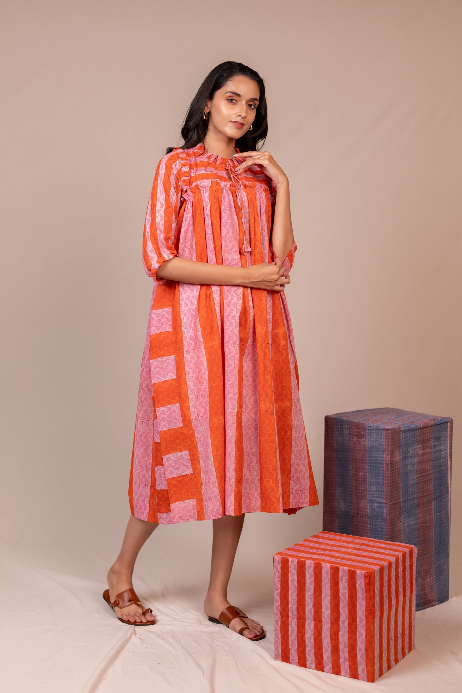Hand Block Printed Fine Cotton Flowy Dress in Orange – Bel