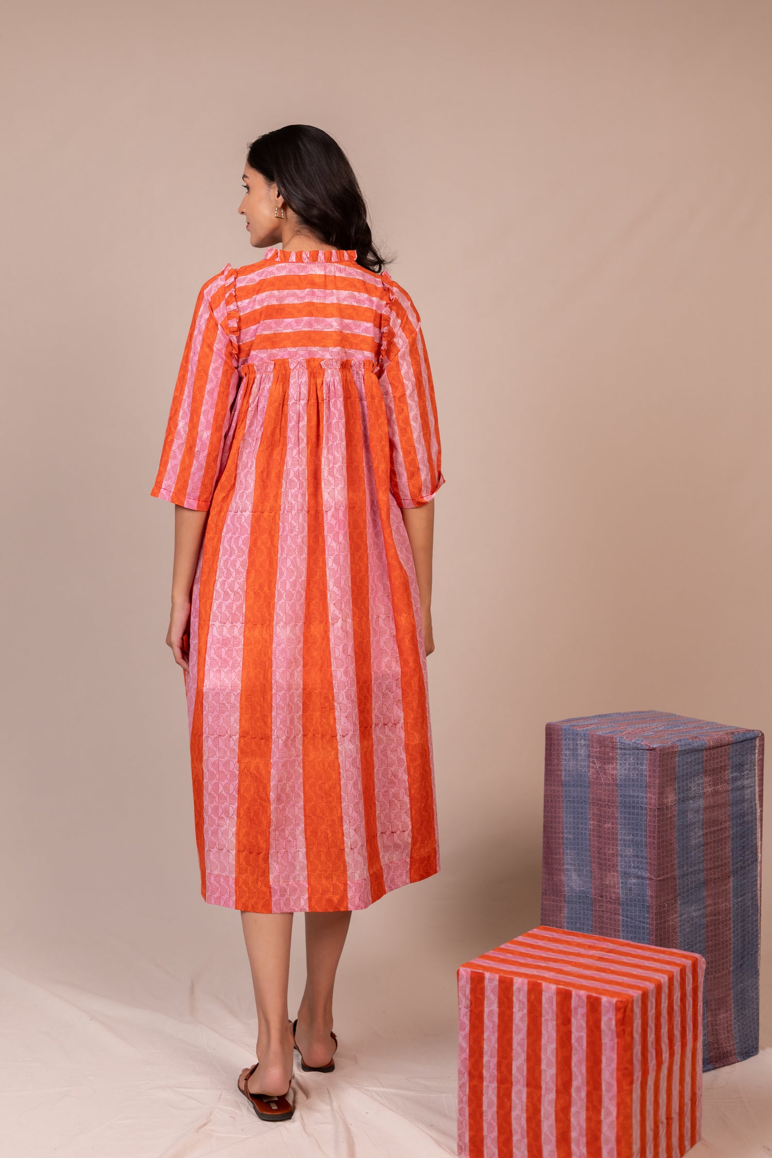 Hand Block Printed Fine Cotton Flowy Dress in Orange – Bel