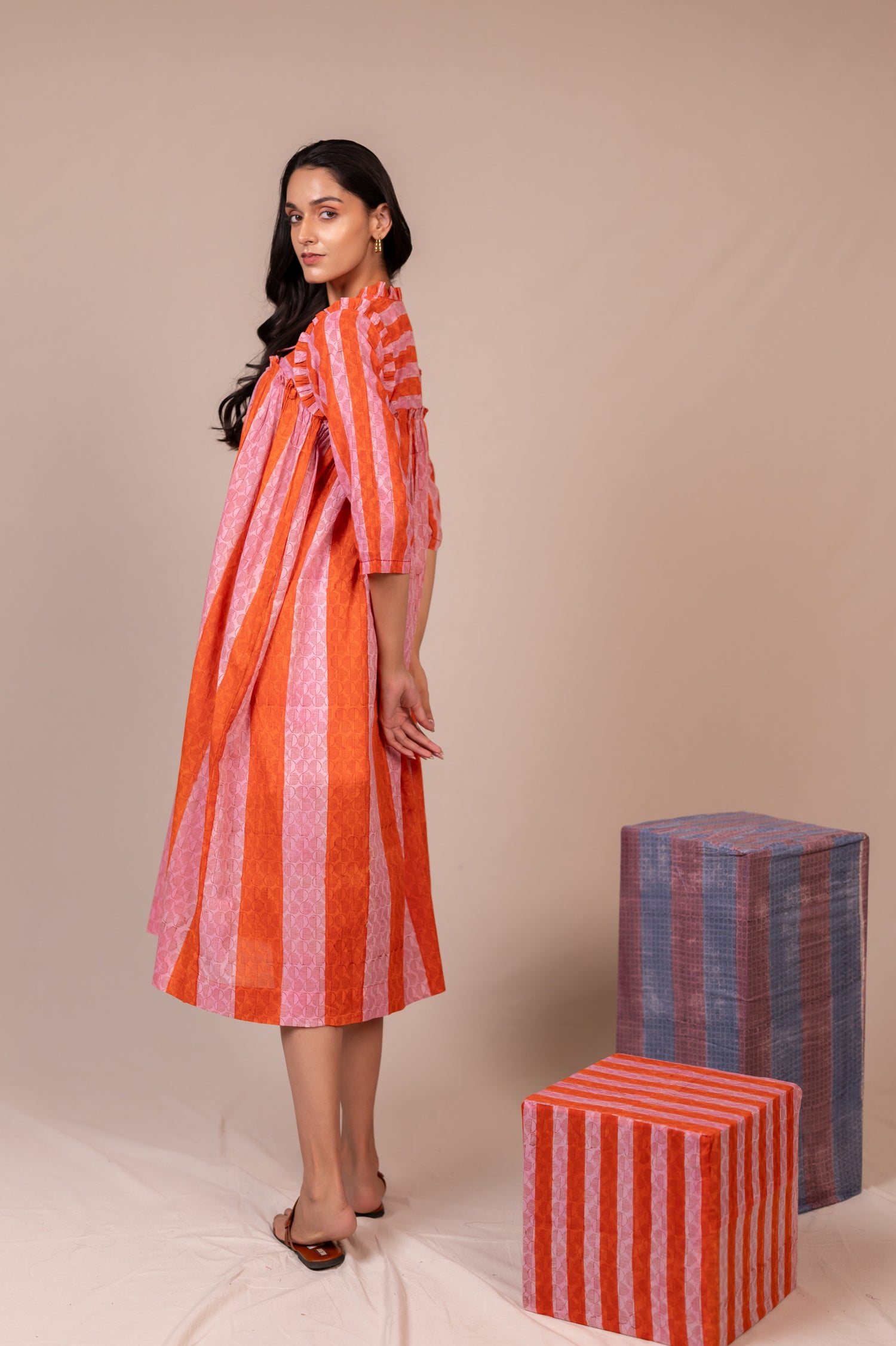 Hand Block Printed Fine Cotton Flowy Dress in Orange – Bel