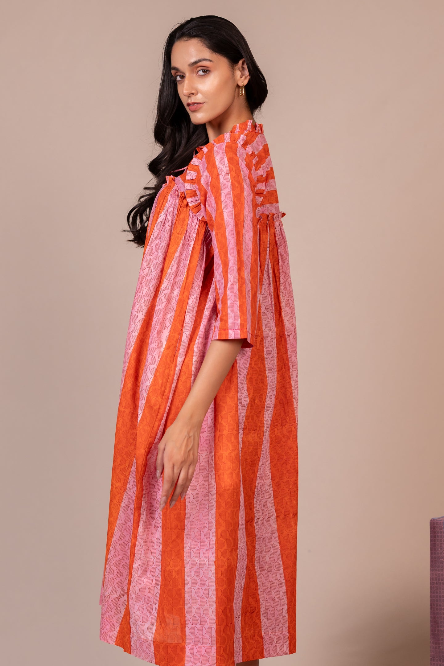 Hand Block Printed Fine Cotton Flowy Dress in Orange – Bel