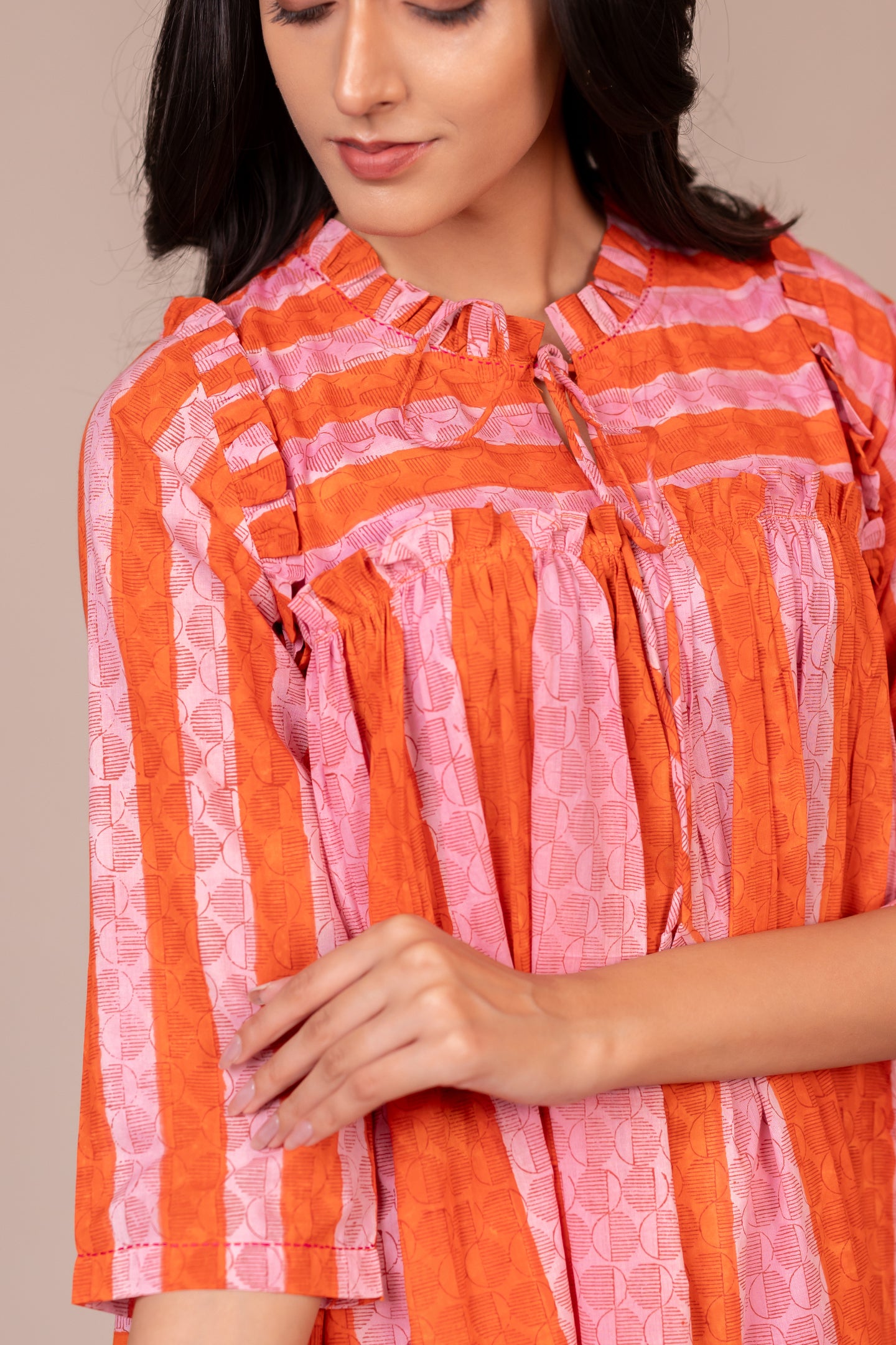 Hand Block Printed Fine Cotton Flowy Dress in Orange – Bel