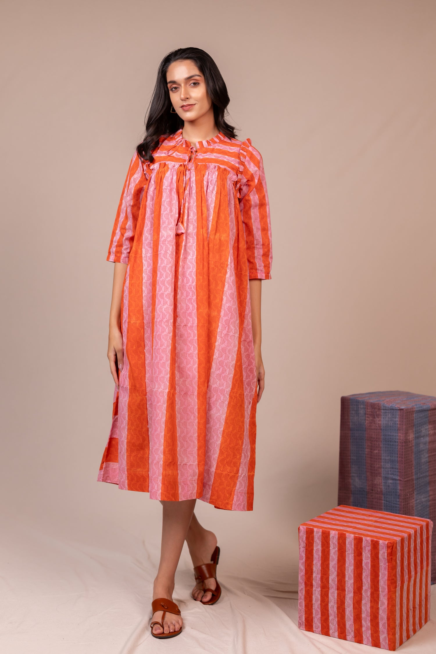 Hand Block Printed Fine Cotton Flowy Dress in Orange – Bel