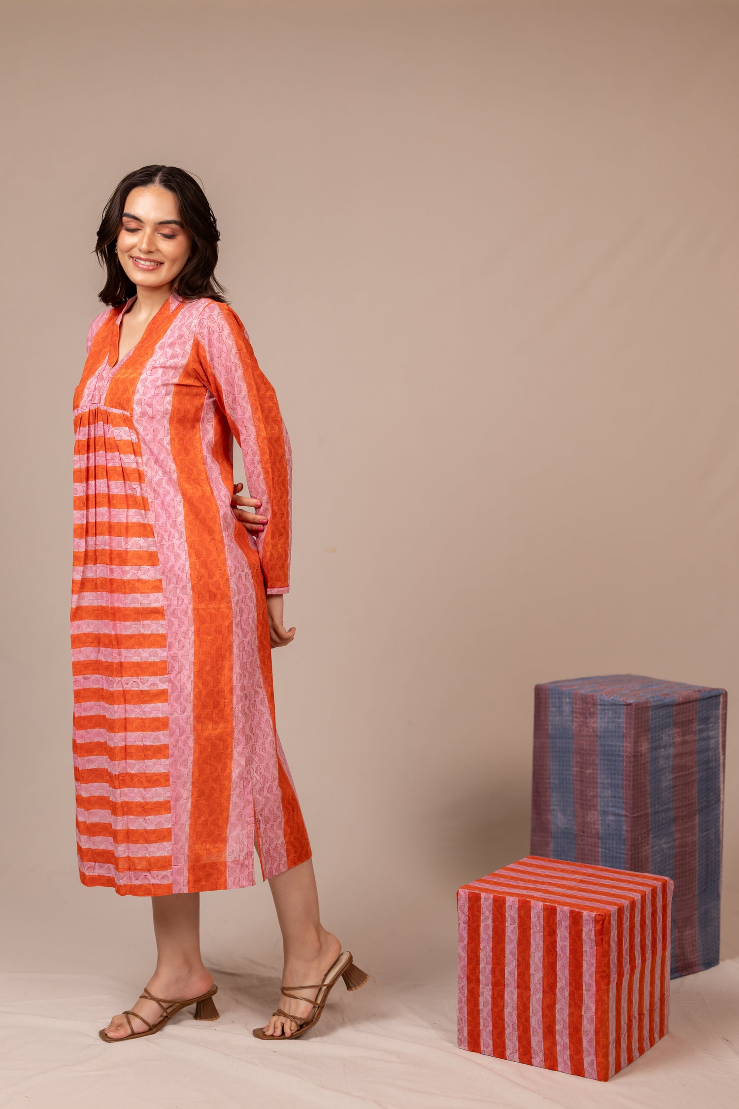 Hand Block Printed Fine Cotton V-Neck Dress in Orange – Bel