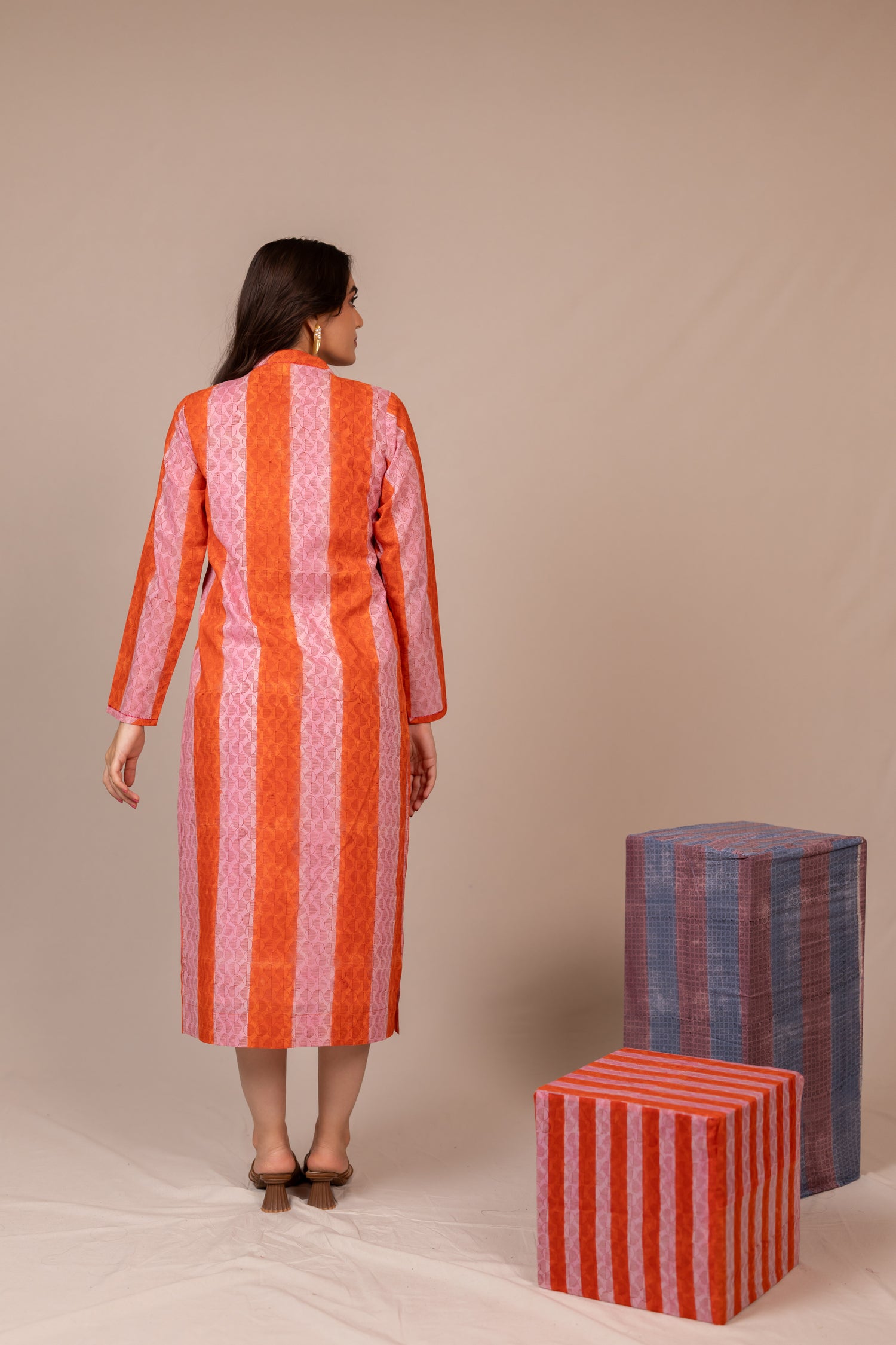 Hand Block Printed Fine Cotton V-Neck Dress in Orange – Bel